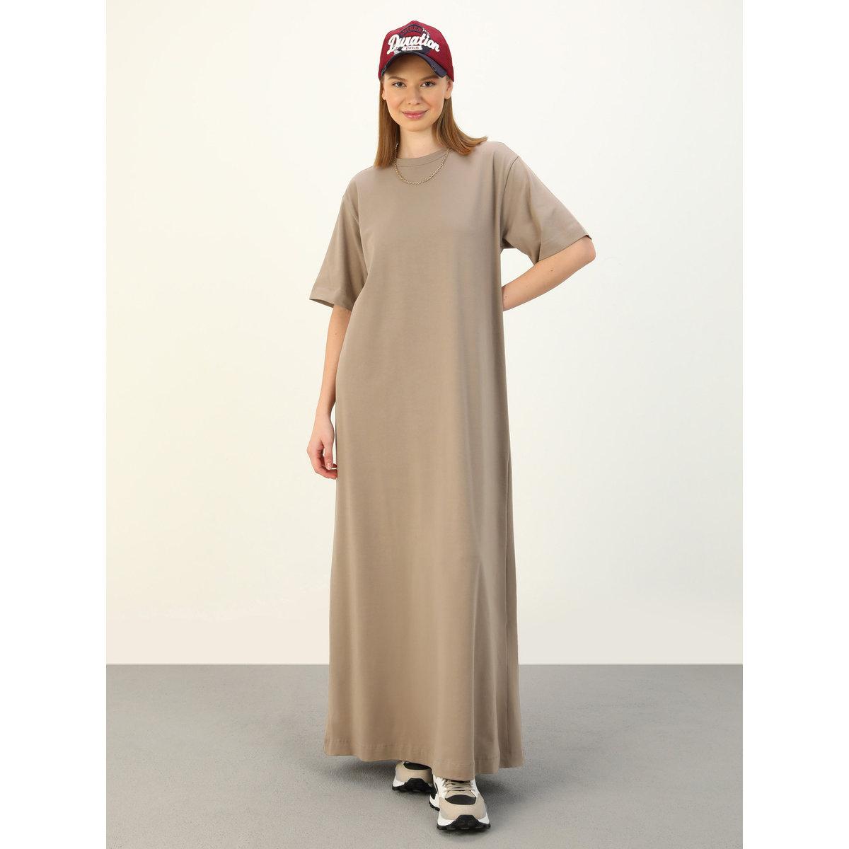 Modanisa X Styli Brown Solid T-Shirt Maxi Dress-women-clothing-dresses-image-1
