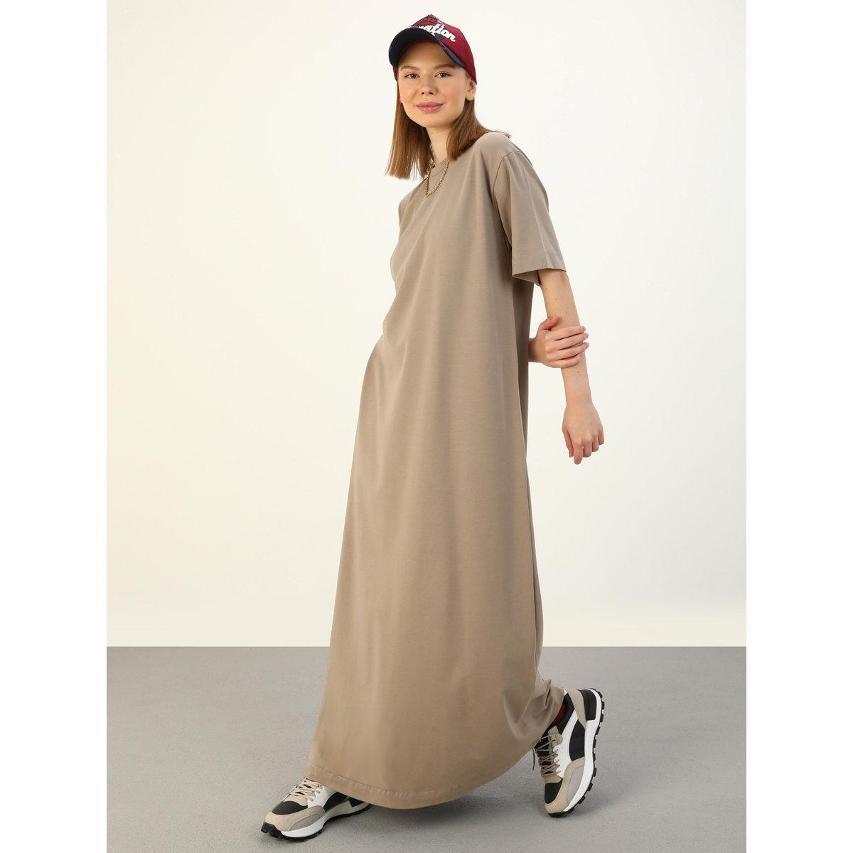Modanisa X Styli Brown Solid T-Shirt Maxi Dress-women-clothing-dresses-image-2