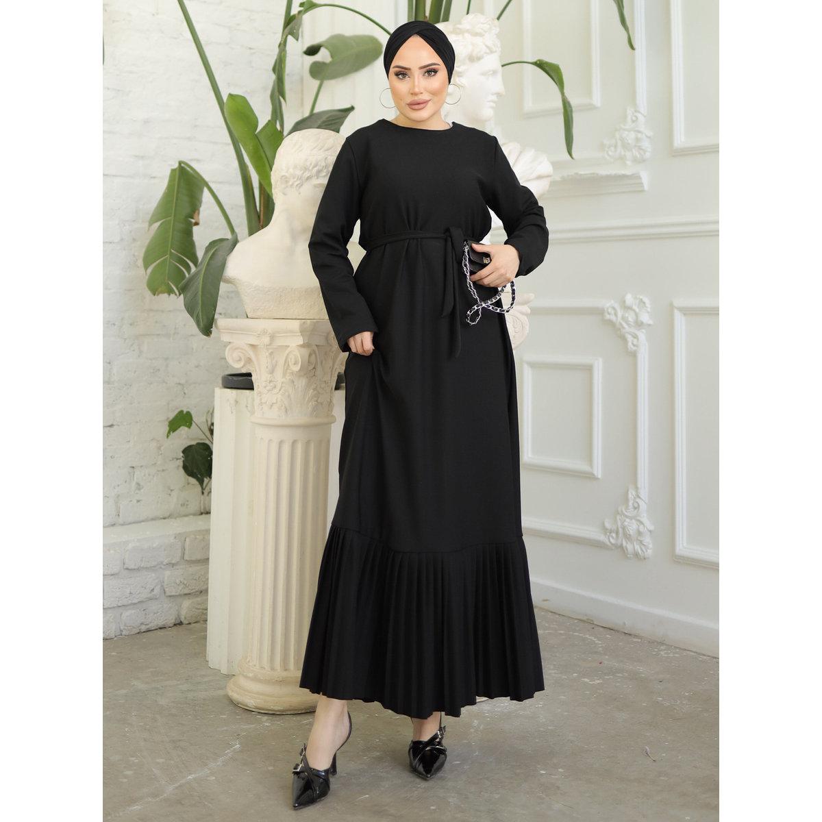 Modanisa X Styli Black Solid Maxi Dress with Waist Tie Detail-women-clothing-dresses-image-1