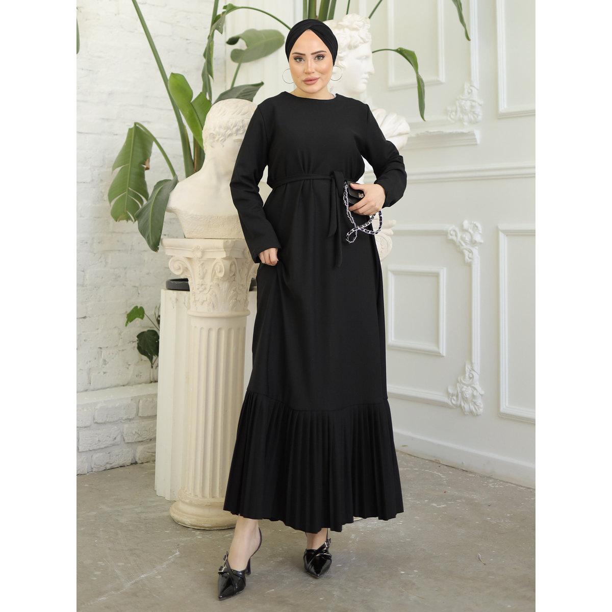 Modanisa X Styli Black Solid Maxi Dress with Waist Tie Detail-women-clothing-dresses-image-3