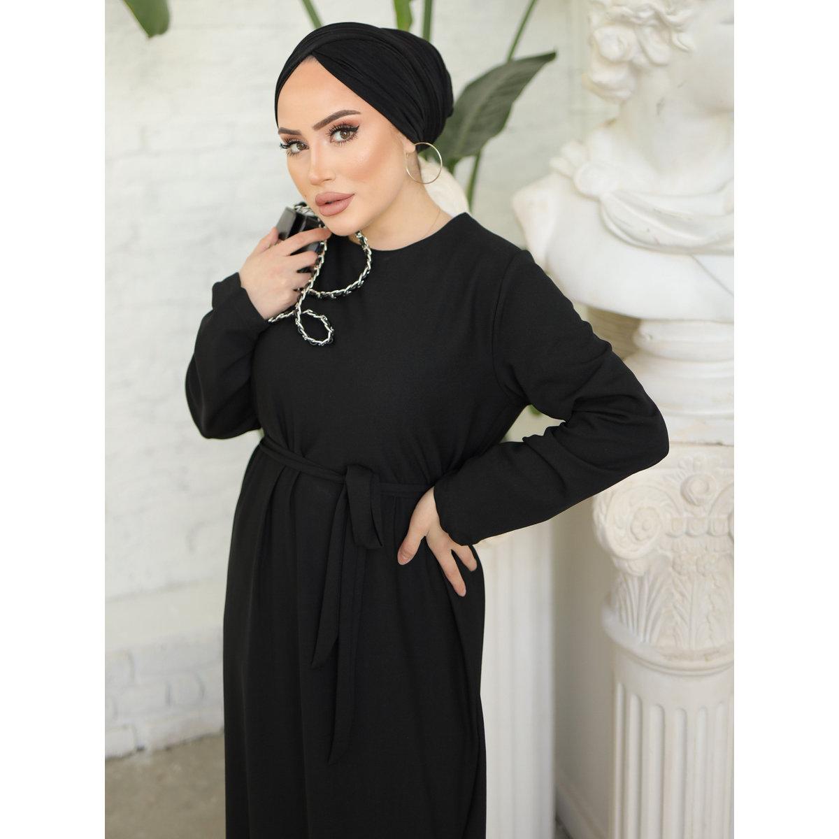 Modanisa X Styli Black Solid Maxi Dress with Waist Tie Detail-women-clothing-dresses-image-5