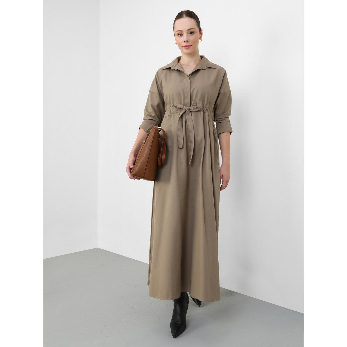 Modanisa X Styli Brown Maxi Dress with Drawstring Tie Belt-women-clothing-dresses-image-1