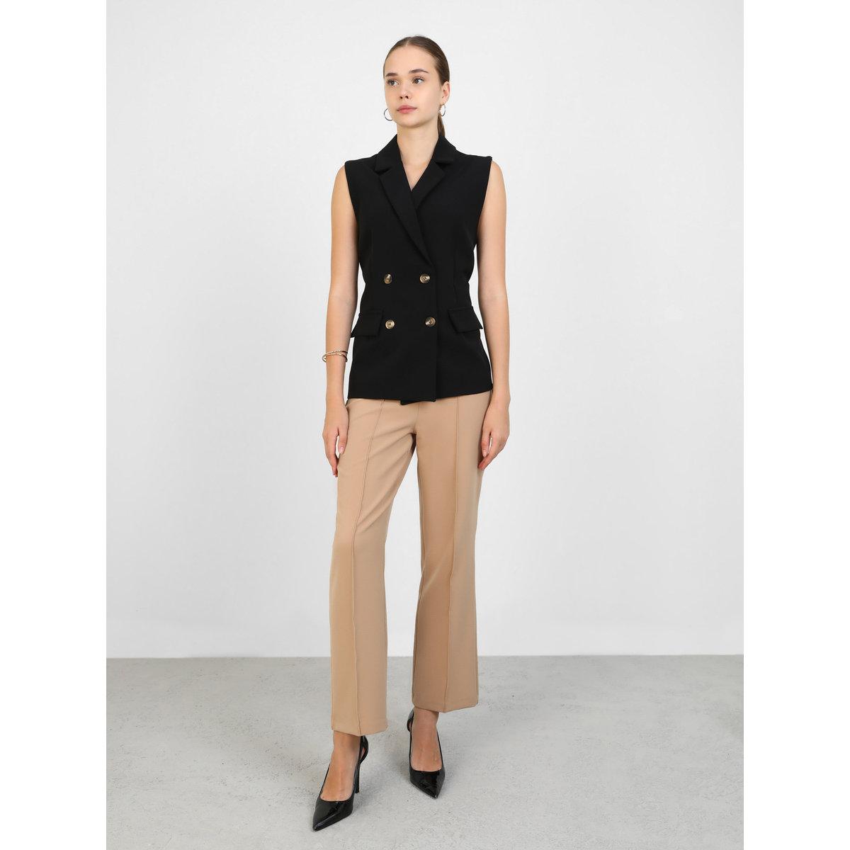 Modanisa X Styli Solid Mid Rise Regular Fit Trousers with Pintuck Detail-women-clothing-bottoms-trousers-image-1