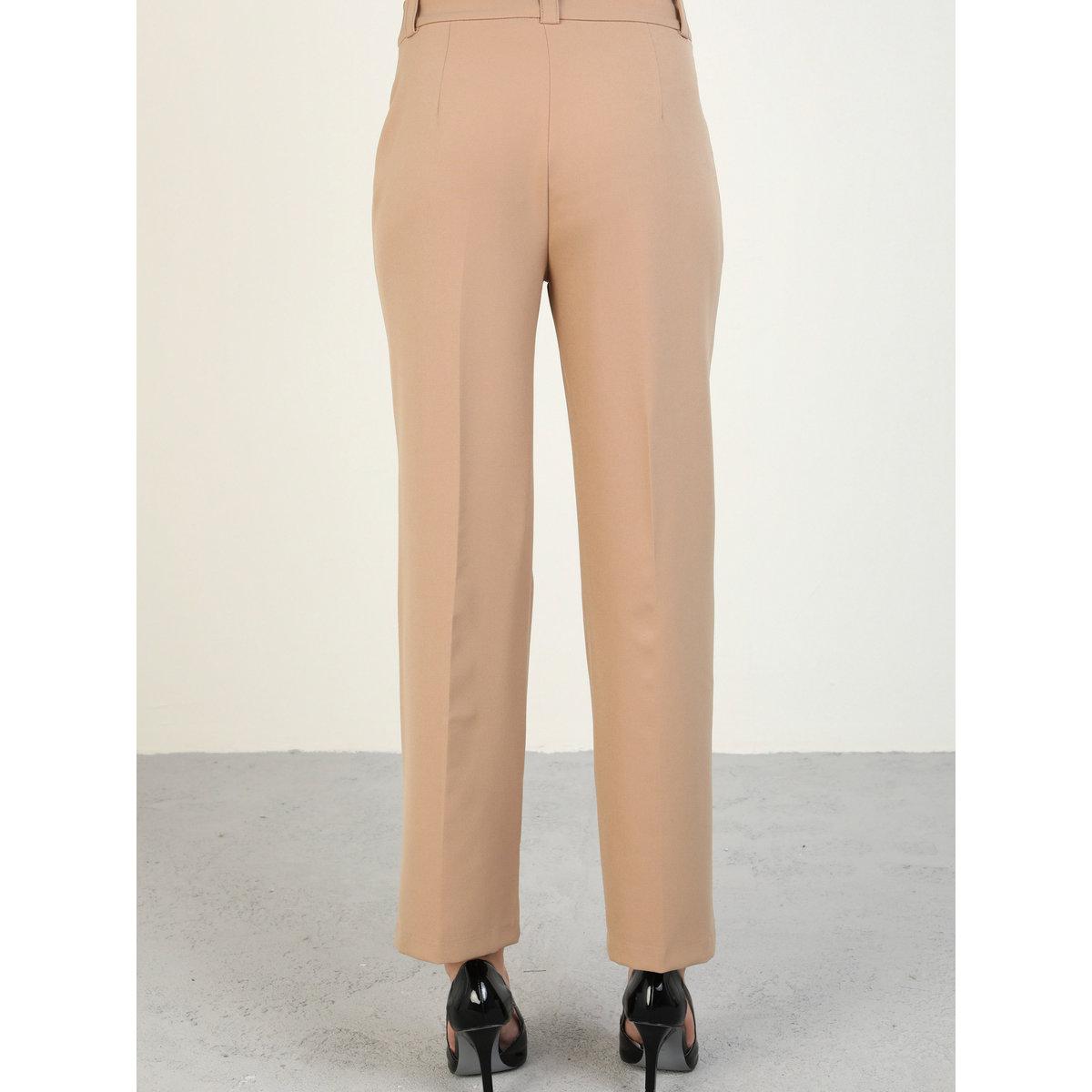 Modanisa X Styli Solid Mid Rise Regular Fit Trousers with Pintuck Detail-women-clothing-bottoms-trousers-image-4