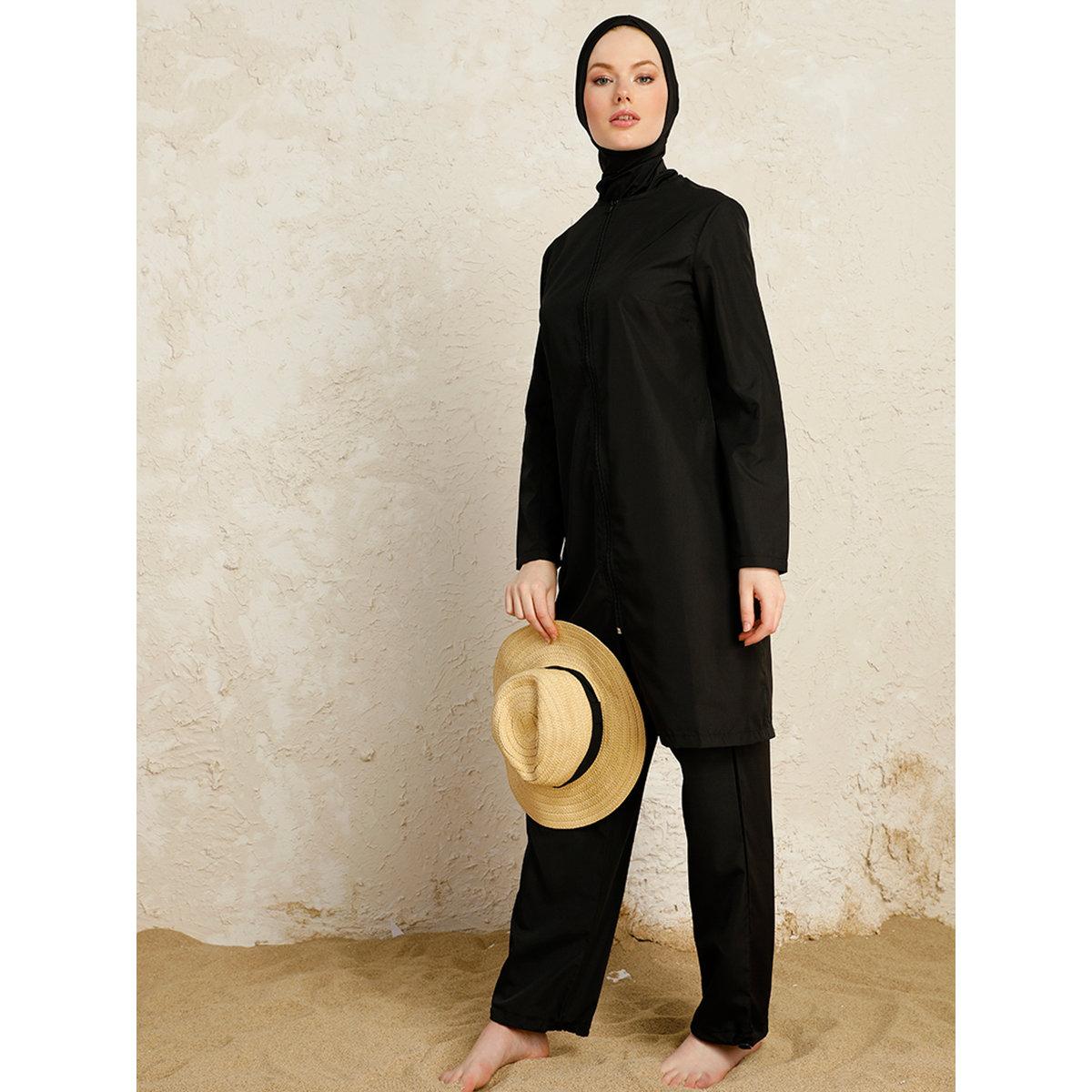 Modanisa X Styli Black Full Coverage Front Zip Burkini Set-women-clothing-swimandbeach-swim-burkinis-image-1