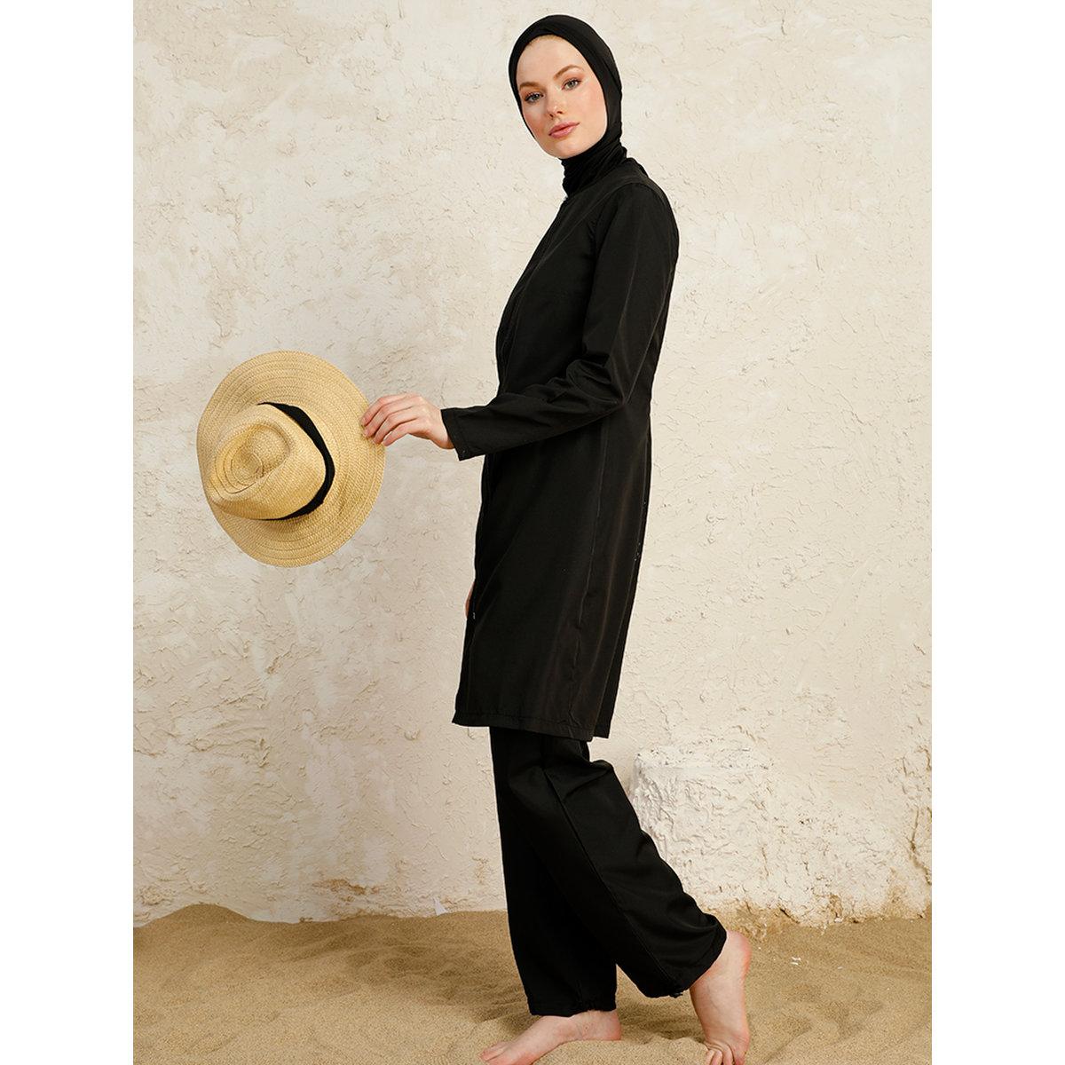 Modanisa X Styli Black Full Coverage Front Zip Burkini Set-women-clothing-swimandbeach-swim-burkinis-image-2