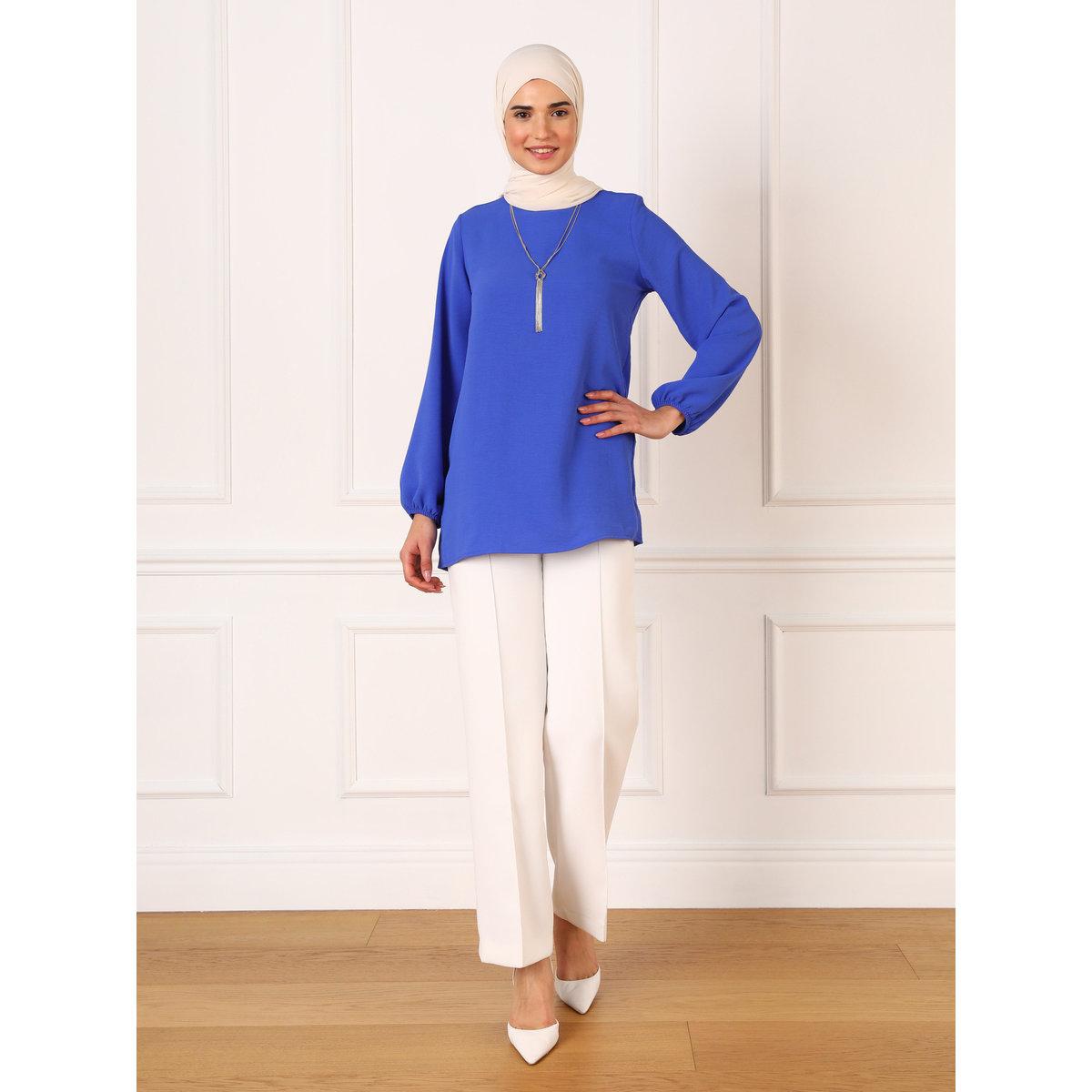 Modanisa X Styli Blue Solid Round Neck Longline Blouse-women-clothing-shirtsandblouses-blouses-image-1