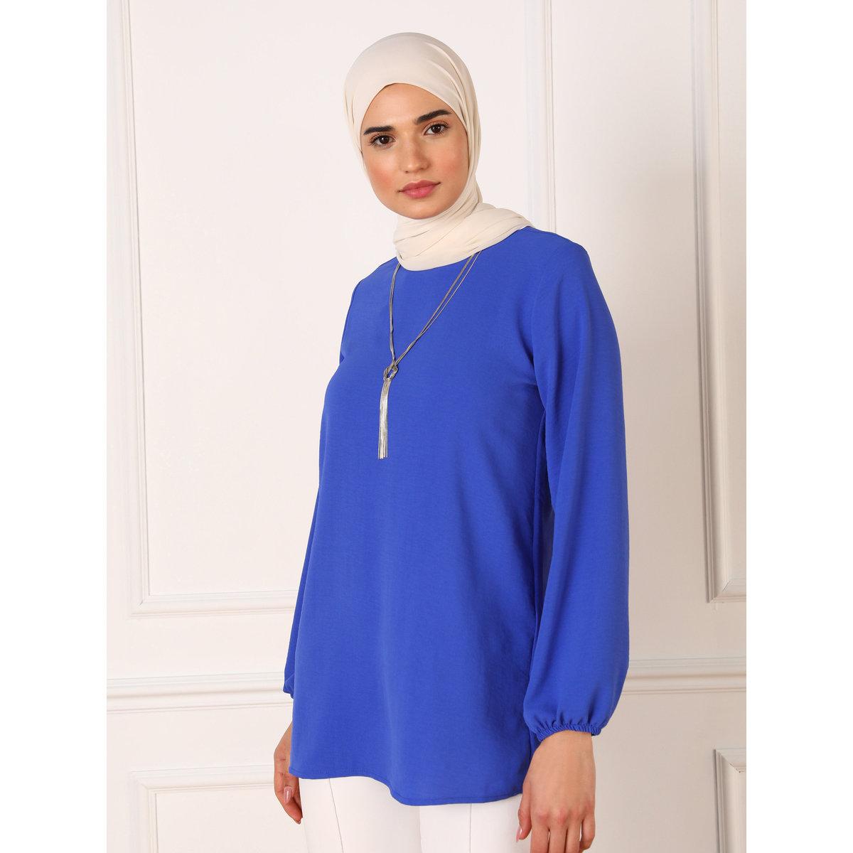 Modanisa X Styli Blue Solid Round Neck Longline Blouse-women-clothing-shirtsandblouses-blouses-image-2
