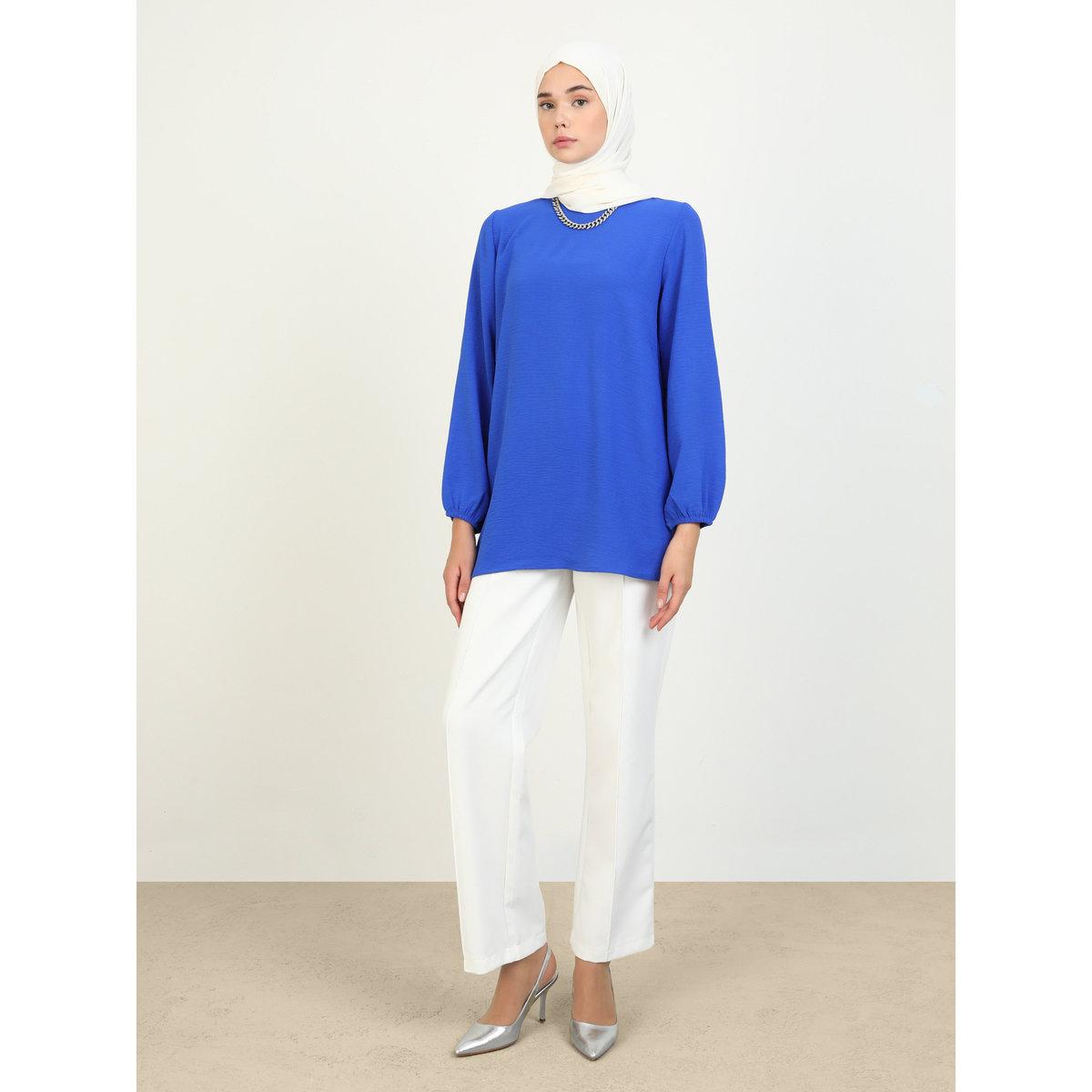 Modanisa X Styli Blue Solid Round Neck Longline Blouse-women-clothing-shirtsandblouses-blouses-image-5