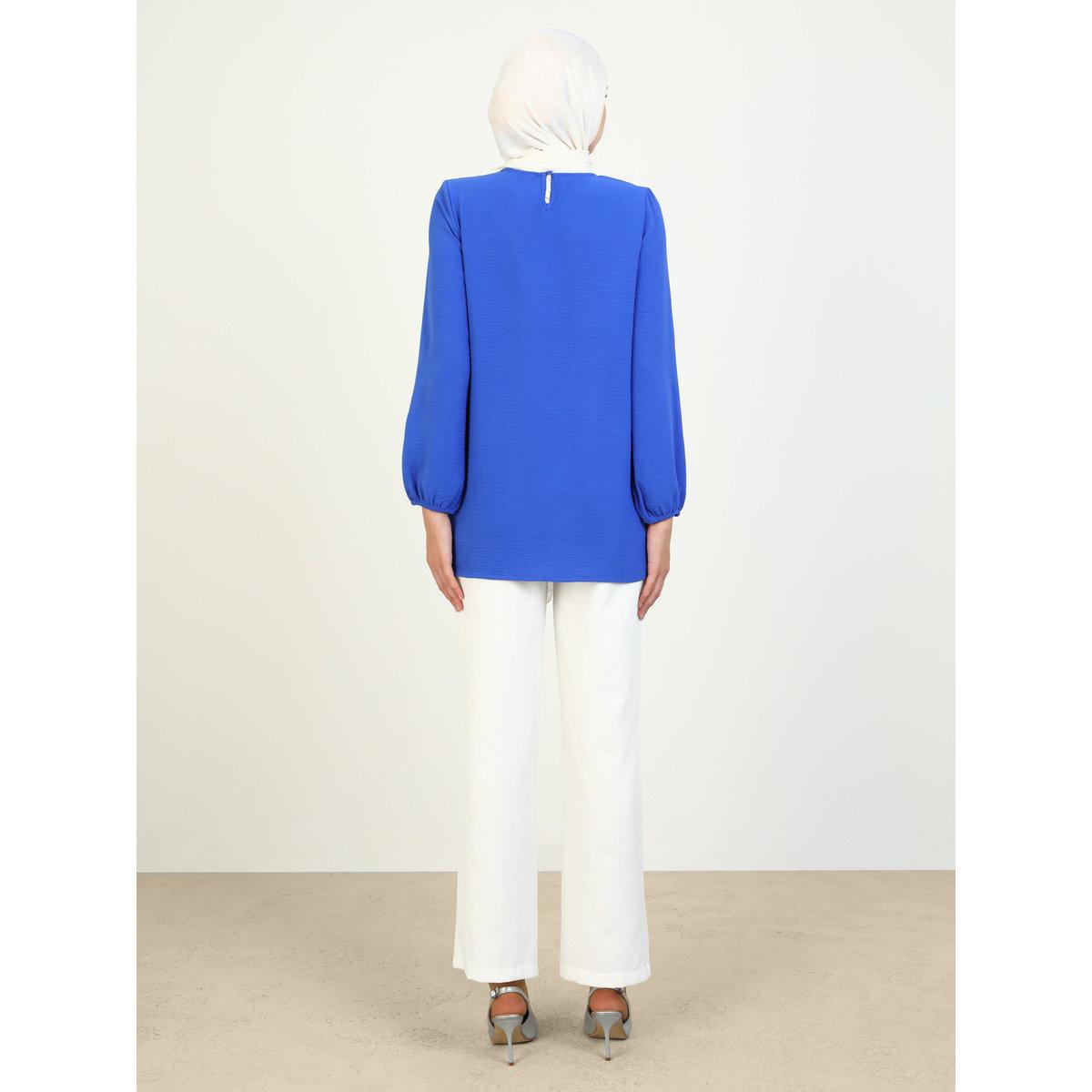 Modanisa X Styli Blue Solid Round Neck Longline Blouse-women-clothing-shirtsandblouses-blouses-image-6