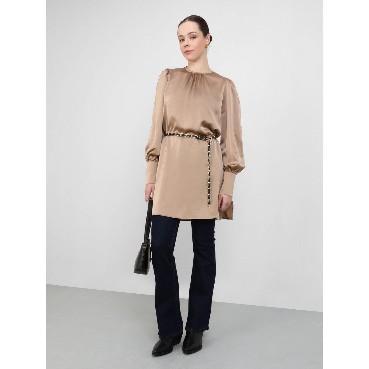 Modanisa X Styli Satin Balloon Sleeve Belted Longline Blouse-women-clothing-shirtsandblouses-blouses-image-1