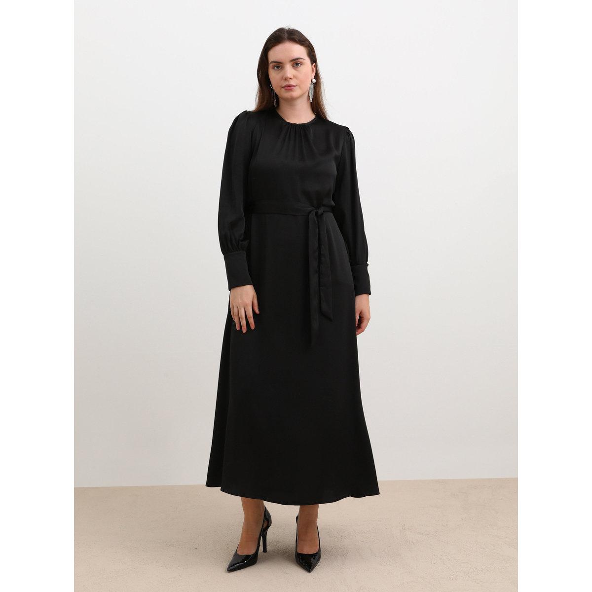 Modanisa X Styli Plus Black Maxi Dress with Self Tie-Belt-women-clothing-dresses-image-1