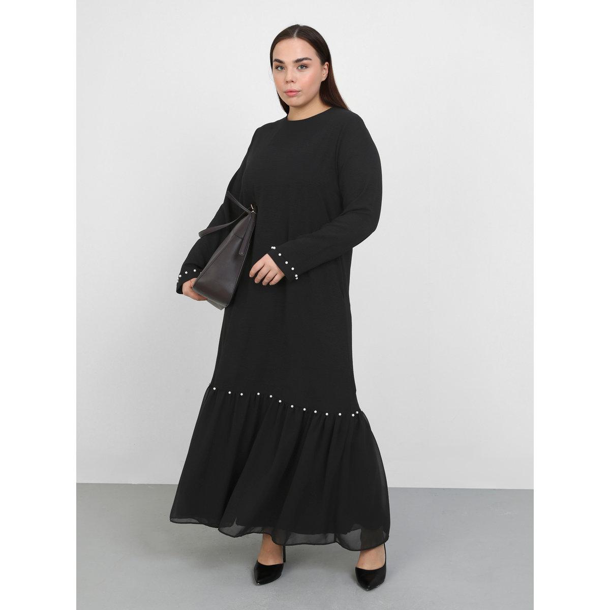 Modanisa X Styli Plus Black Maxi Dress with Faux Pearl Accent-women-clothing-dresses-image-1