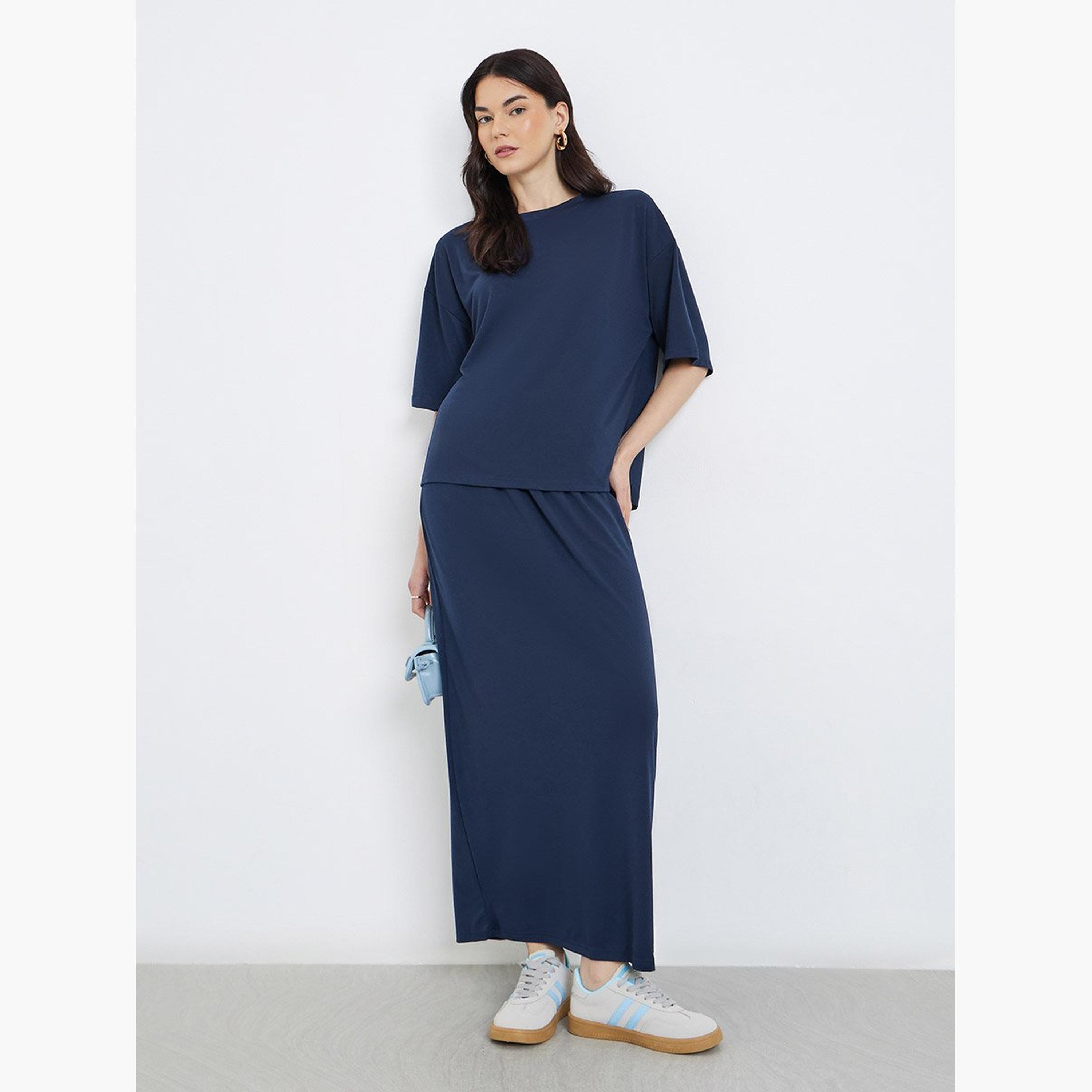 Take Two Women Dark Blue Boxy T-Shirt and Skirt Co-Ords-women-clothing-coordsets-image-1