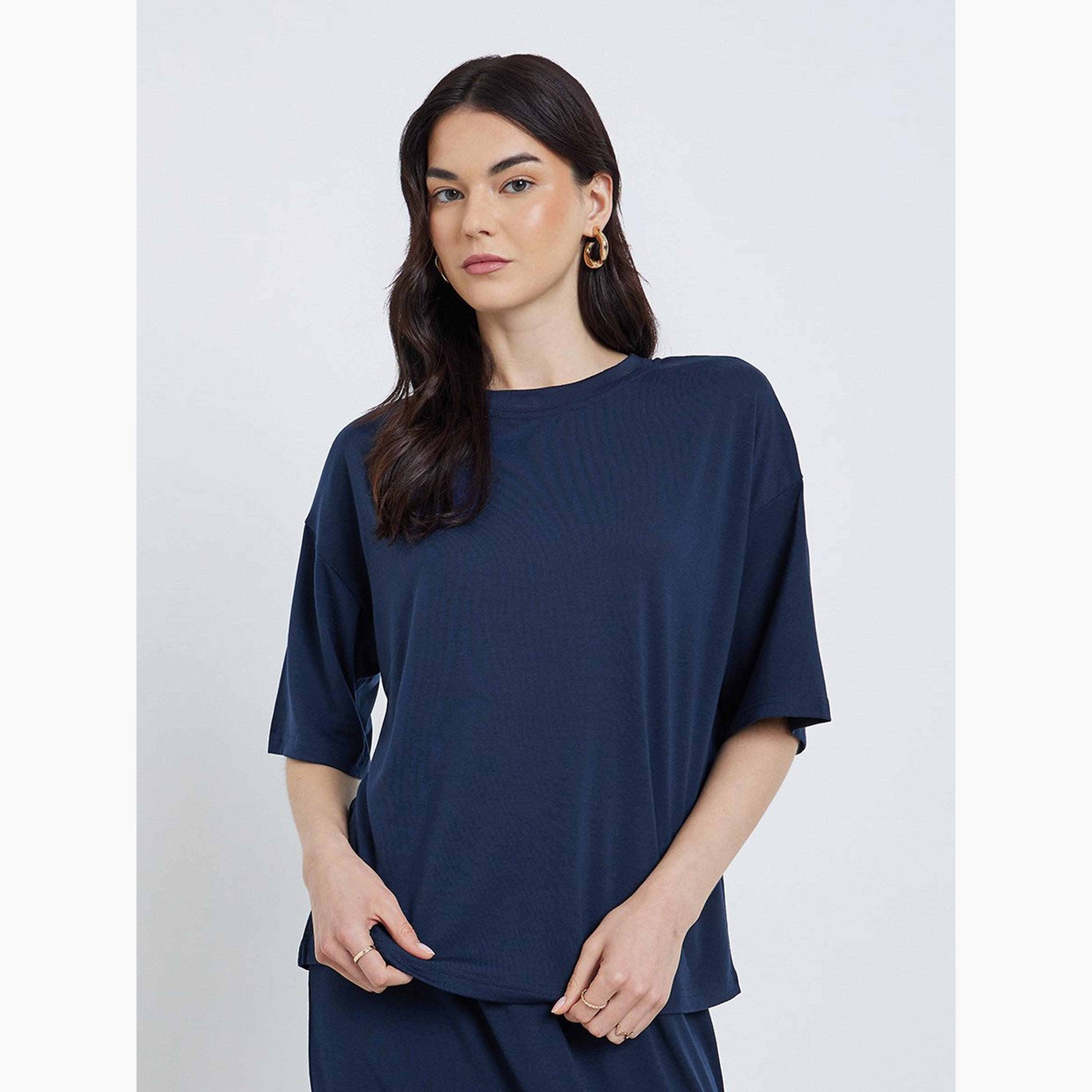 Take Two Women Dark Blue Boxy T-Shirt and Skirt Co-Ords-women-clothing-coordsets-image-2