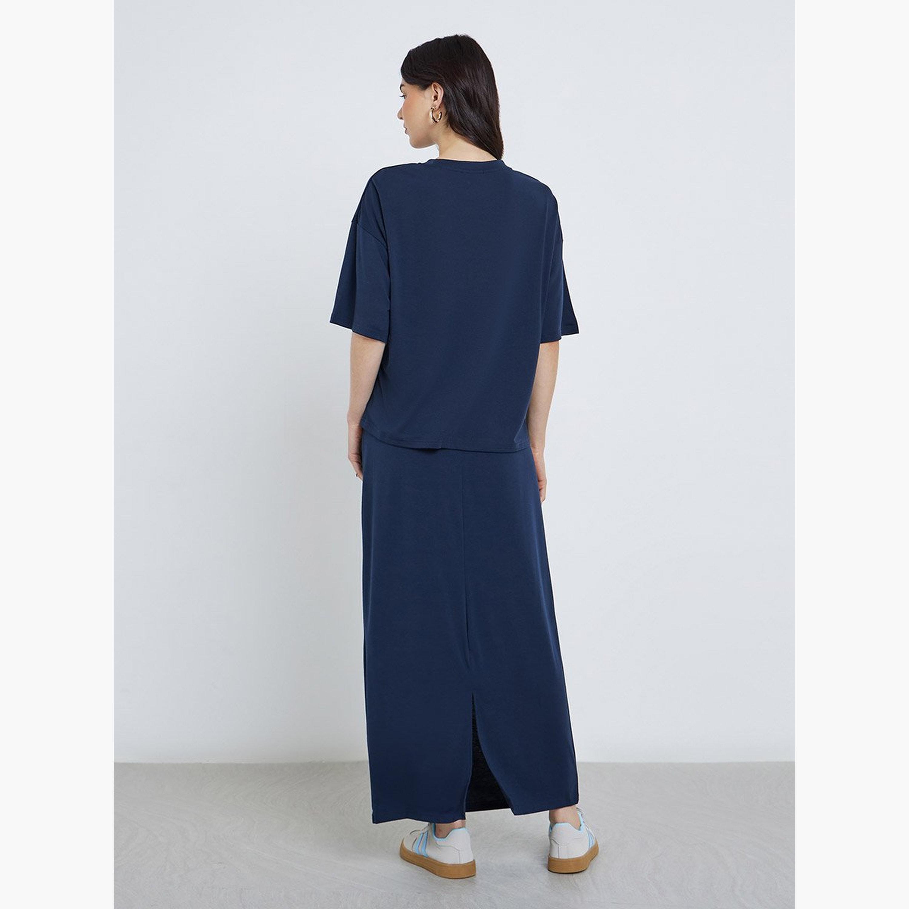 Take Two Women Dark Blue Boxy T-Shirt and Skirt Co-Ords-women-clothing-coordsets-image-4