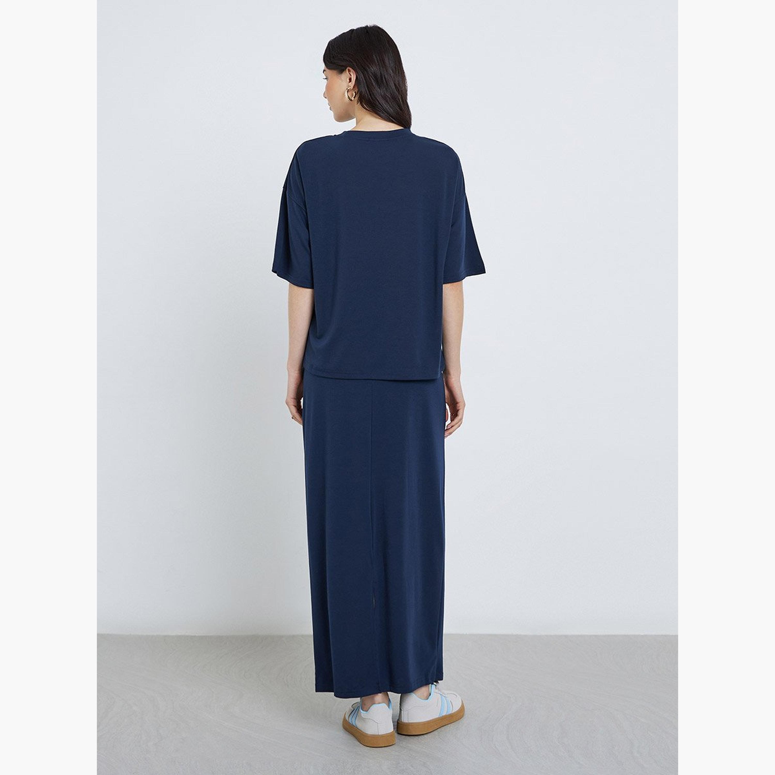 Take Two Women Dark Blue Boxy T-Shirt and Skirt Co-Ords-women-clothing-coordsets-image-6