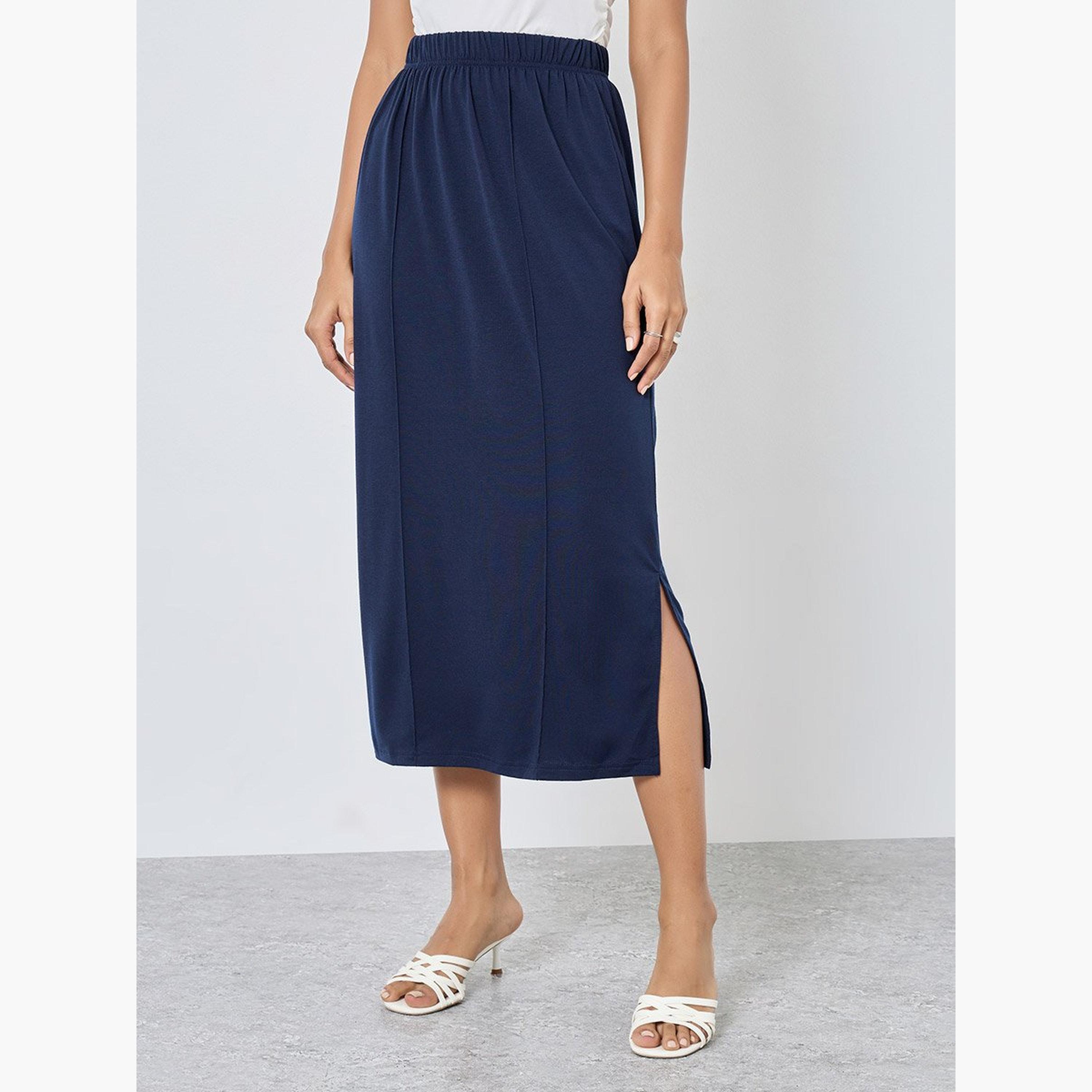 تنورة ميدي سادة بشق جانبي-women-clothing-bottoms-skirts-image-1