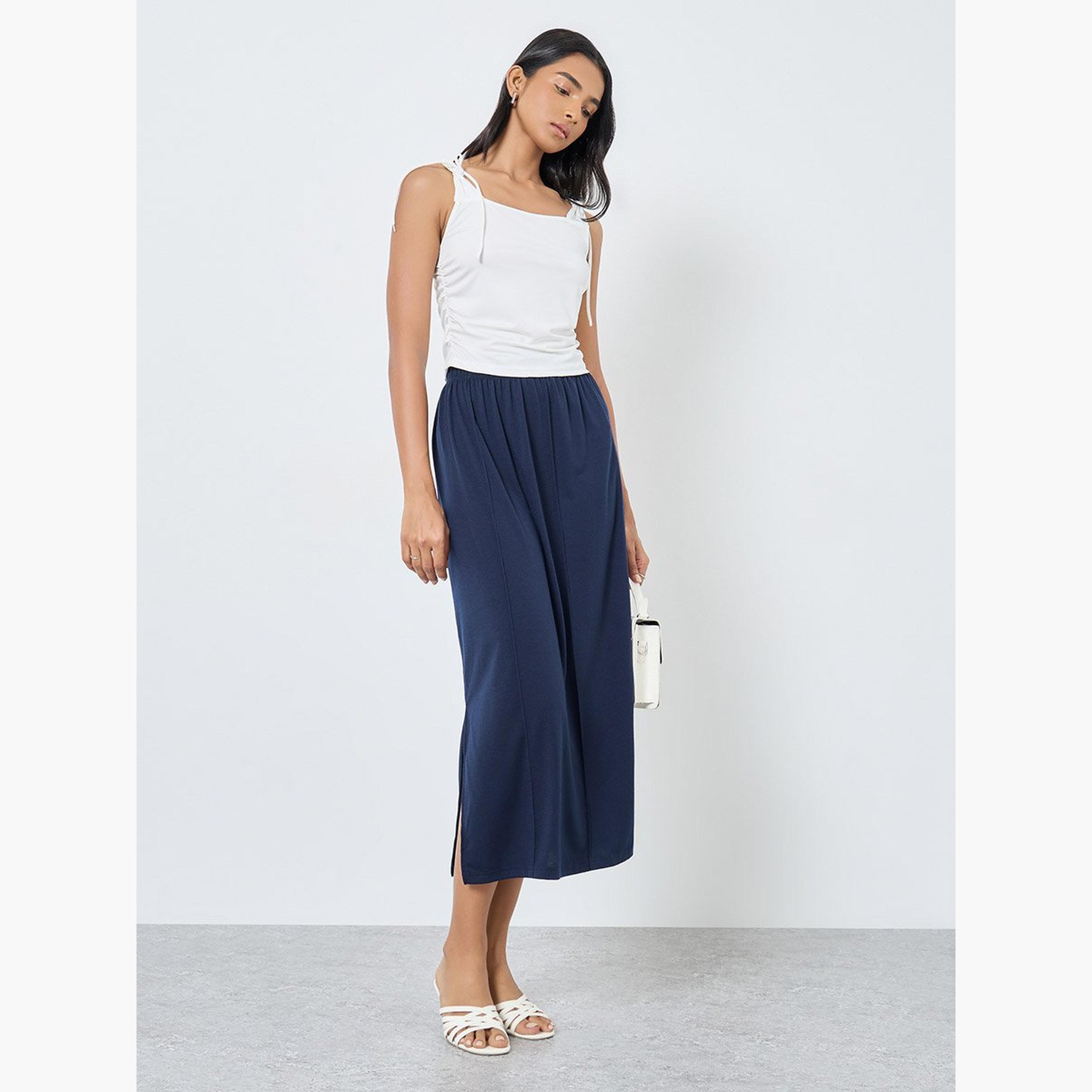 تنورة ميدي سادة بشق جانبي-women-clothing-bottoms-skirts-image-2