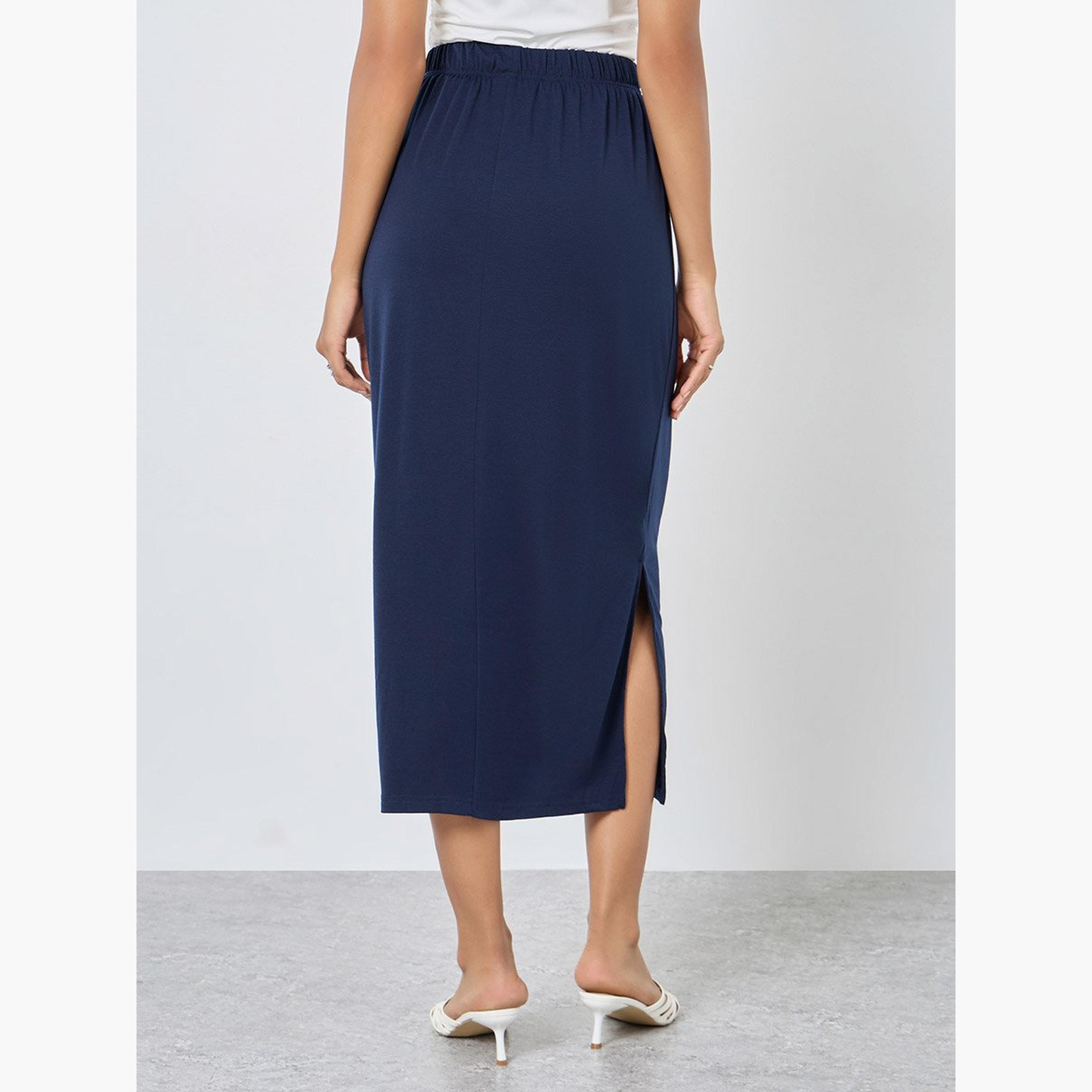 Styli Solid Elastic Waistband Midi Skirt with Side Slit-women-clothing-bottoms-skirts-image-4