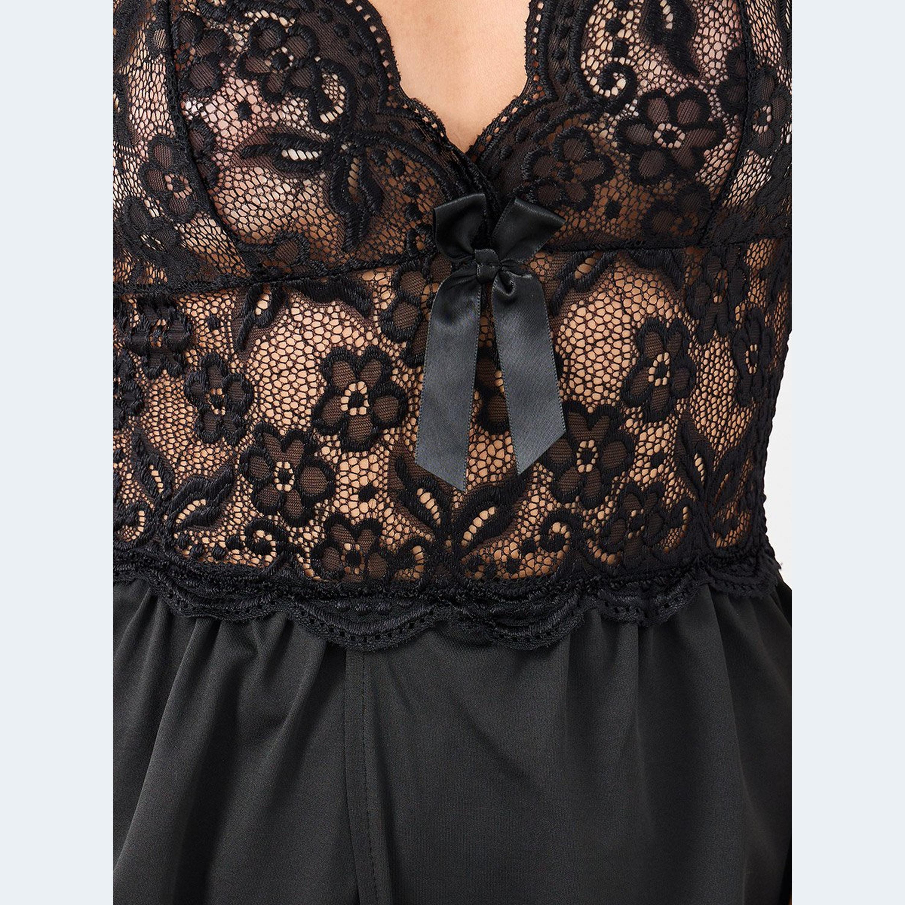 ستايلي - ملابس نوم تيدي من الدانتيل الشبكي مع حافة صدفية وتفاصيل فيونكة-women-clothing-lingerie-babydollsandbodysuits-image-3