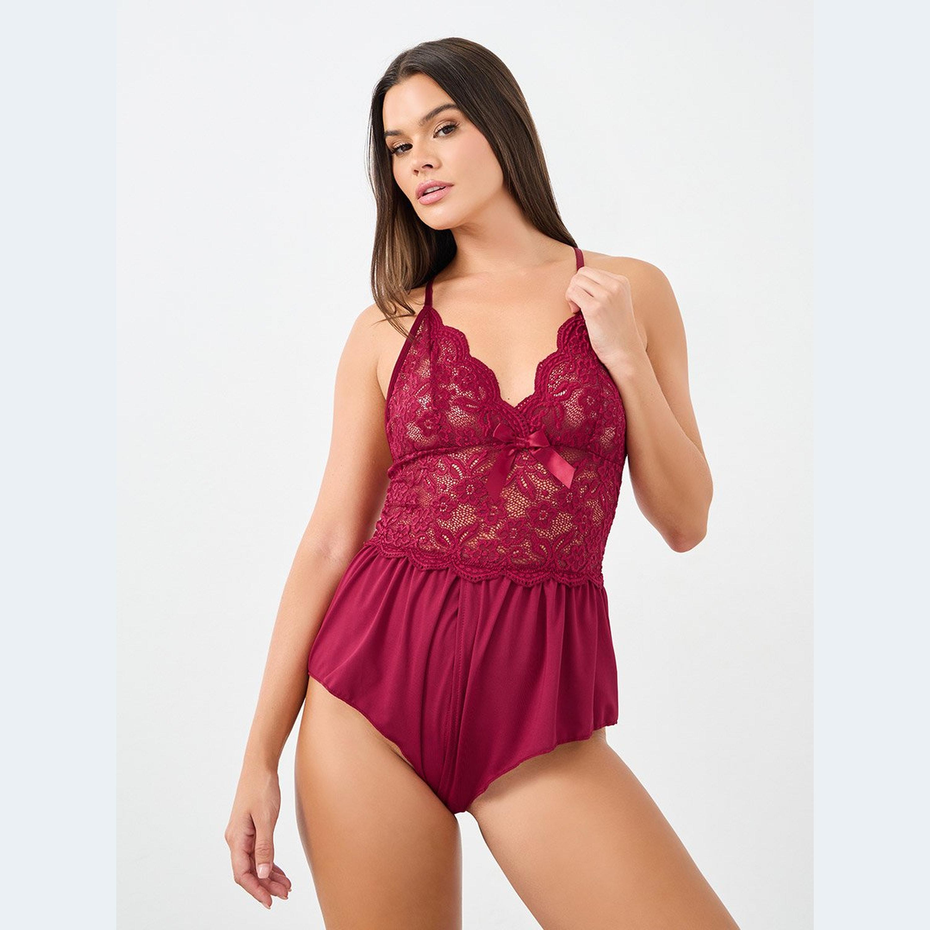 Styli Lace Mesh Teddy with Scallop Edge and Bow Detail-women-clothing-lingerie-babydollsandbodysuits-image-1