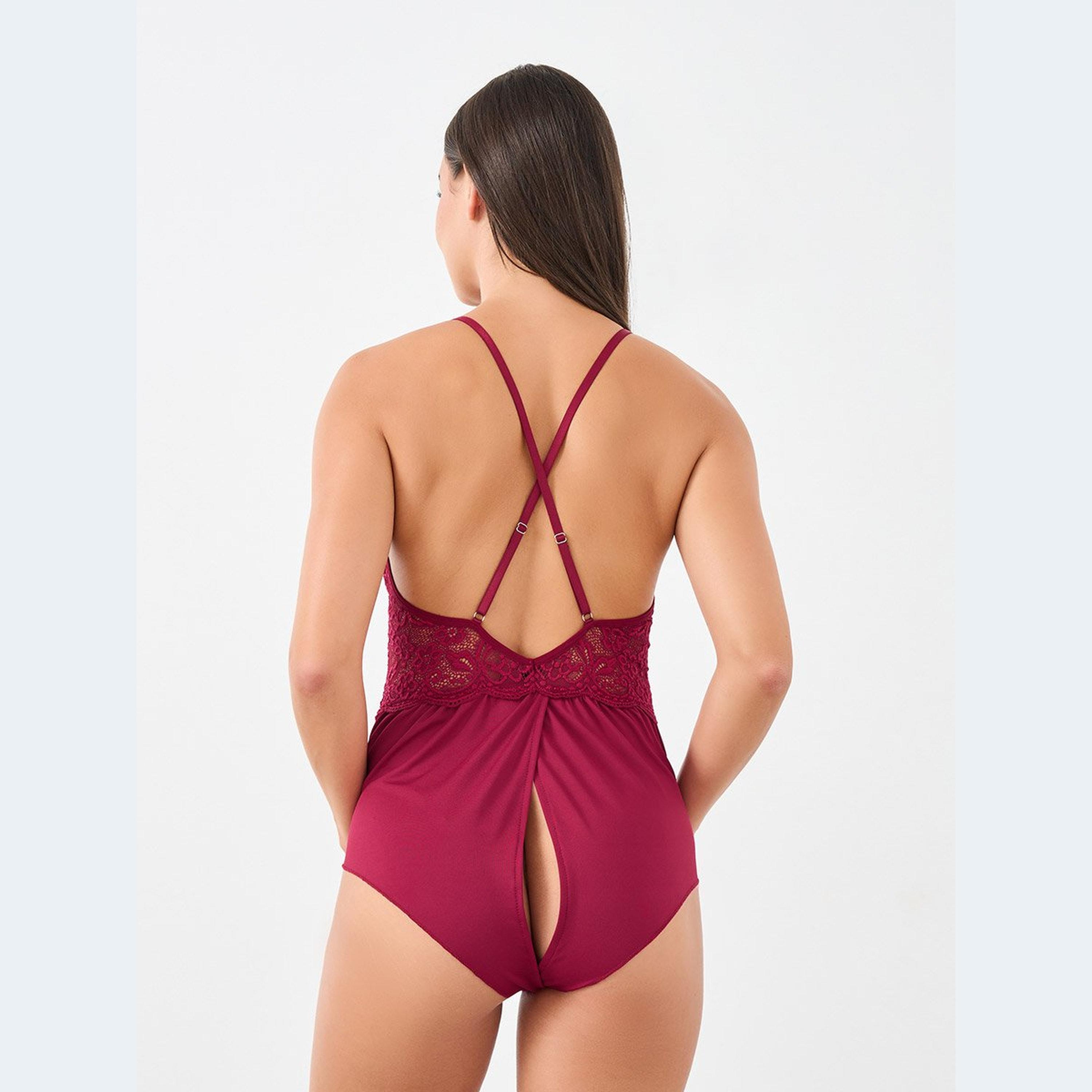 Styli Lace Mesh Teddy with Scallop Edge and Bow Detail-women-clothing-lingerie-babydollsandbodysuits-image-4