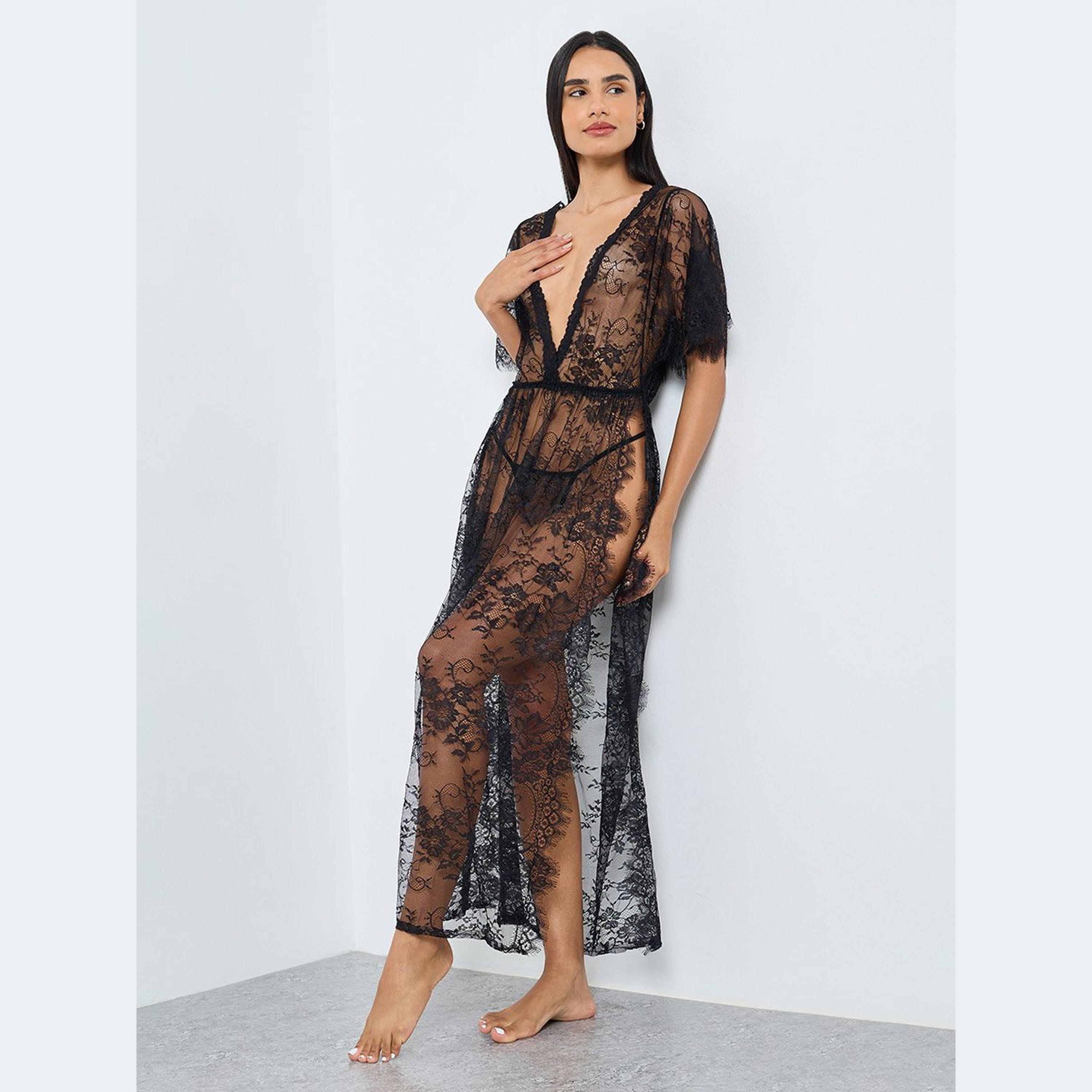 ستايلي - فستان ماكسي من الدانتيل بنقشة زهور مع فتحة حتى الفخذ وسروال داخلي-women-clothing-lingerie-babydollsandbodysuits-image-1
