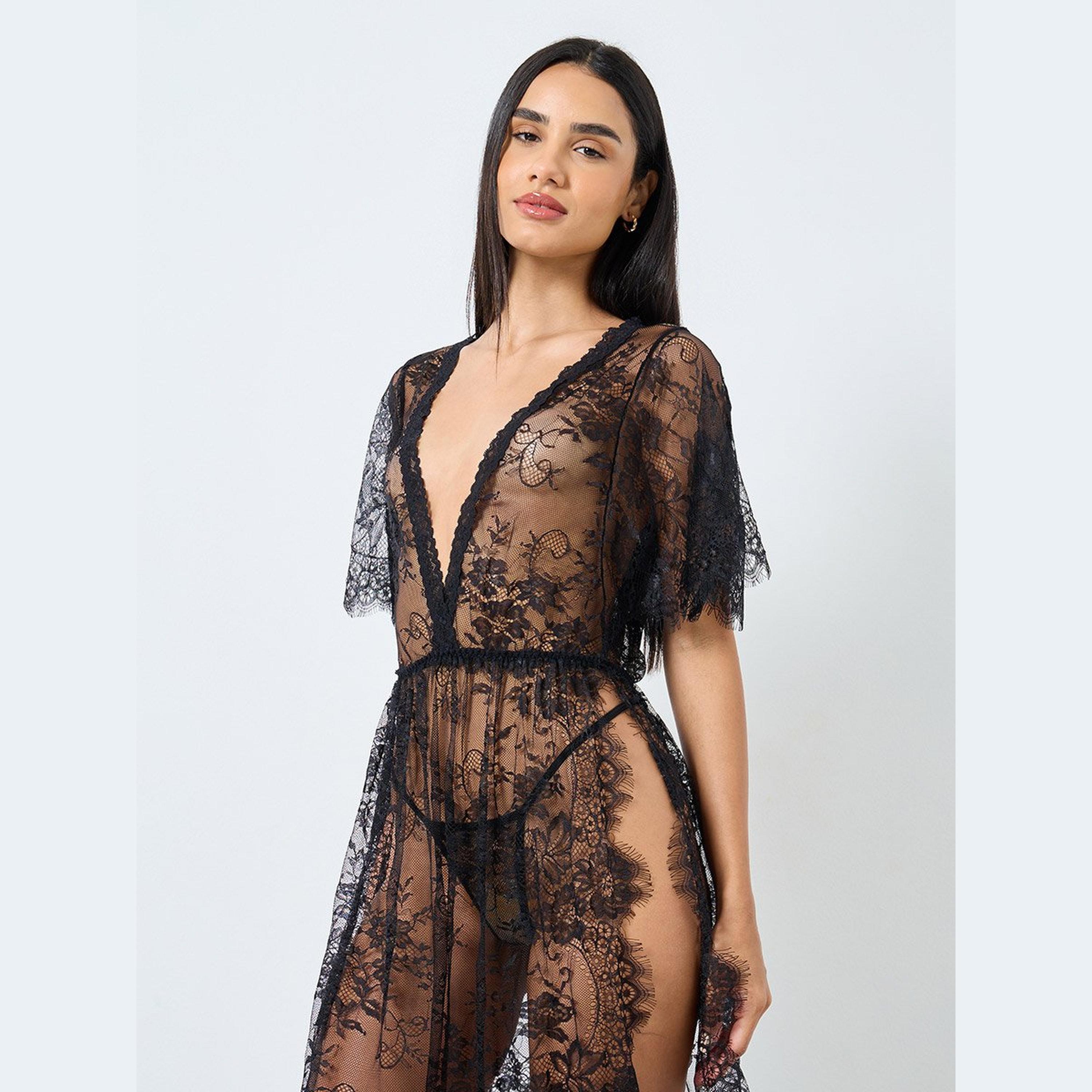ستايلي - فستان ماكسي من الدانتيل بنقشة زهور مع فتحة حتى الفخذ وسروال داخلي-women-clothing-lingerie-babydollsandbodysuits-image-2