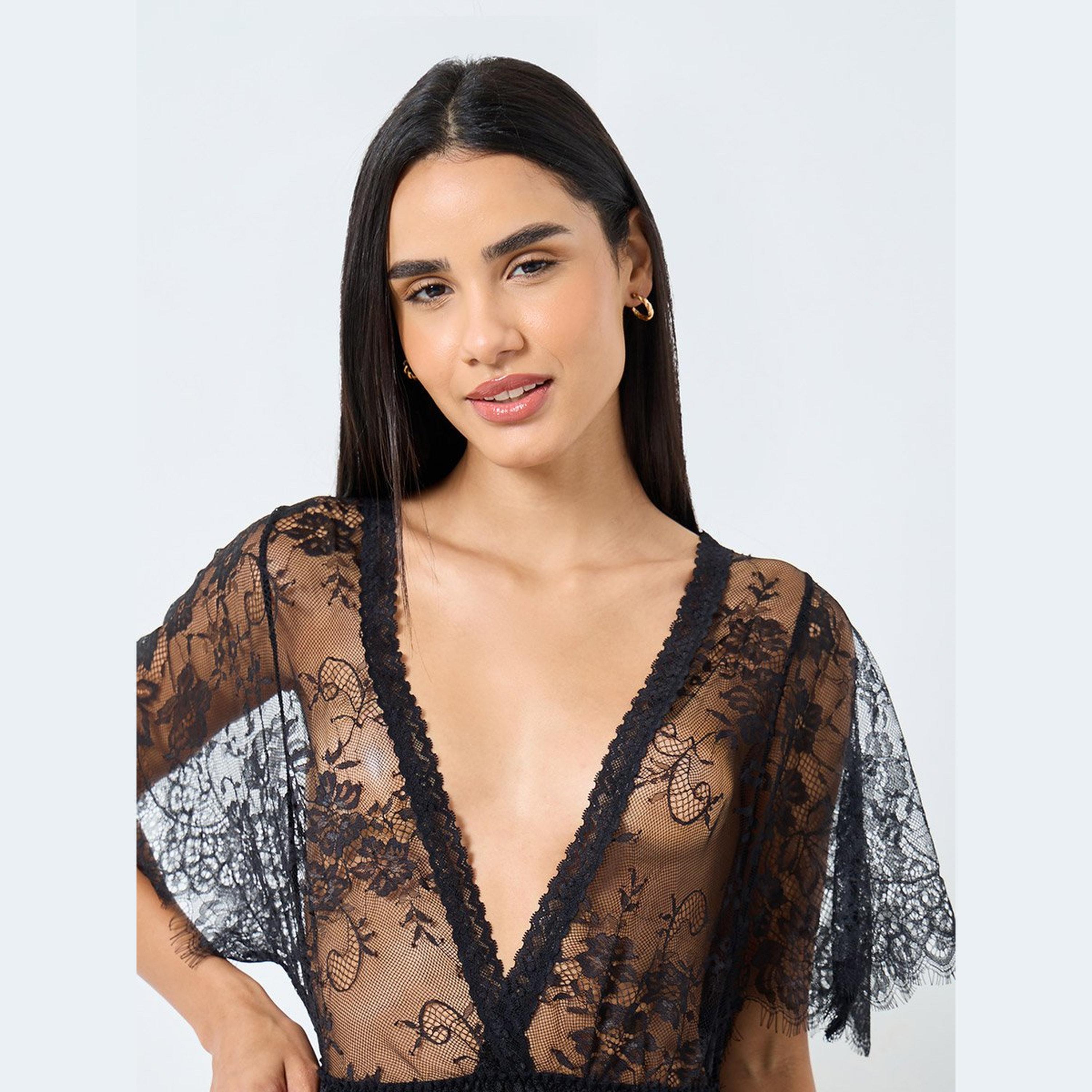 ستايلي - فستان ماكسي من الدانتيل بنقشة زهور مع فتحة حتى الفخذ وسروال داخلي-women-clothing-lingerie-babydollsandbodysuits-image-3
