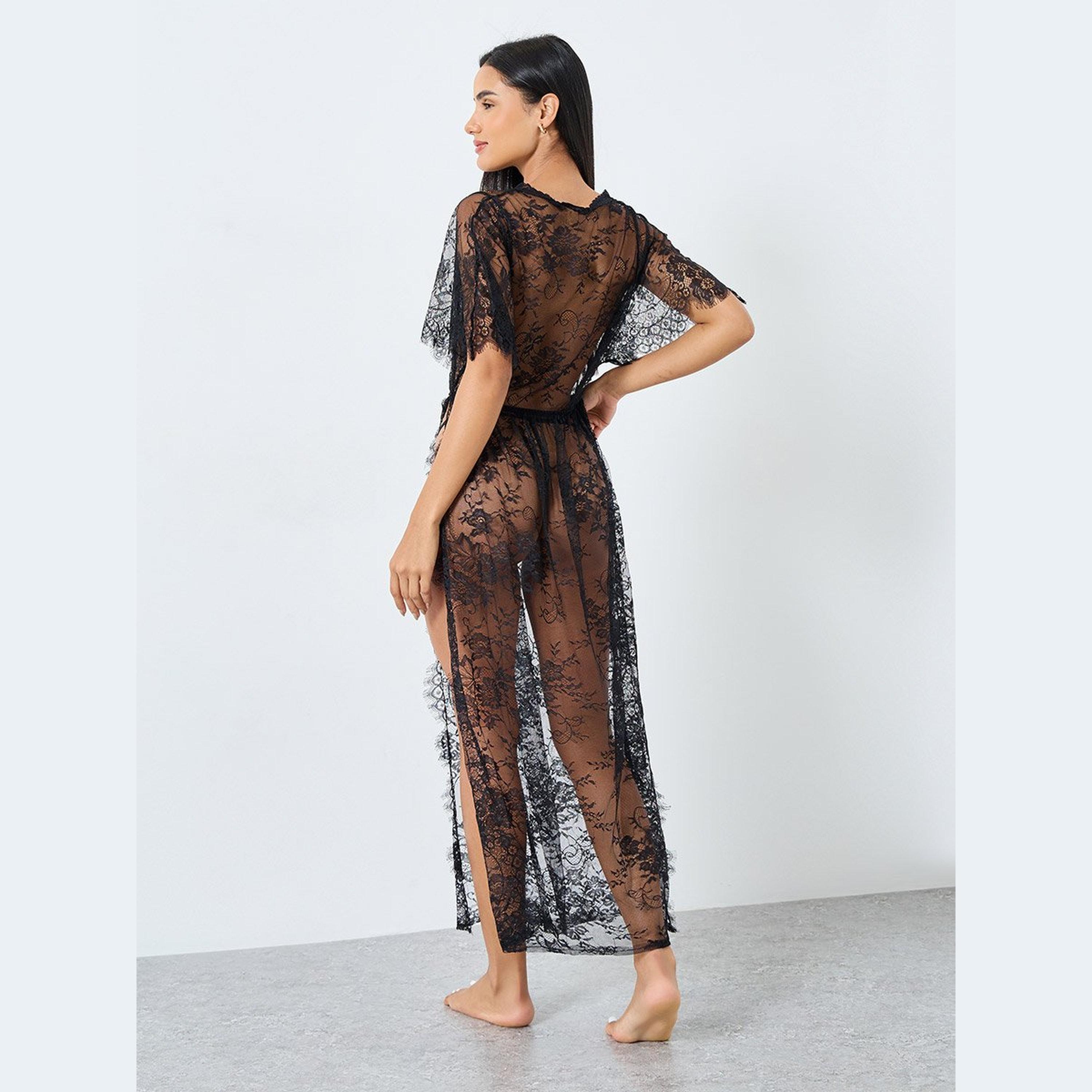 ستايلي - فستان ماكسي من الدانتيل بنقشة زهور مع فتحة حتى الفخذ وسروال داخلي-women-clothing-lingerie-babydollsandbodysuits-image-4