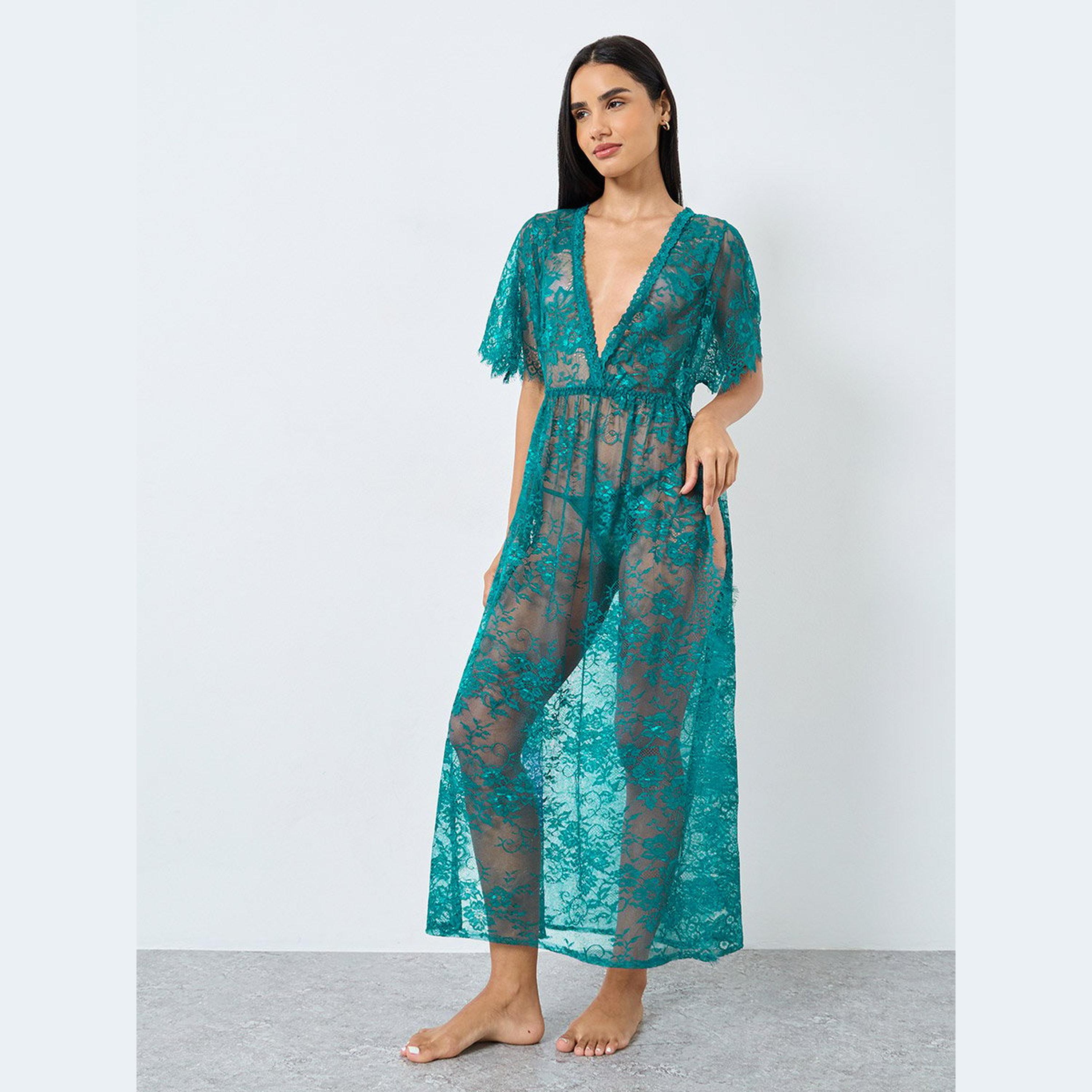 Styli Floral Pattern Lace Maxi Slip Dress with Thigh High Slit and Brief-women-clothing-lingerie-babydollsandbodysuits-image-1