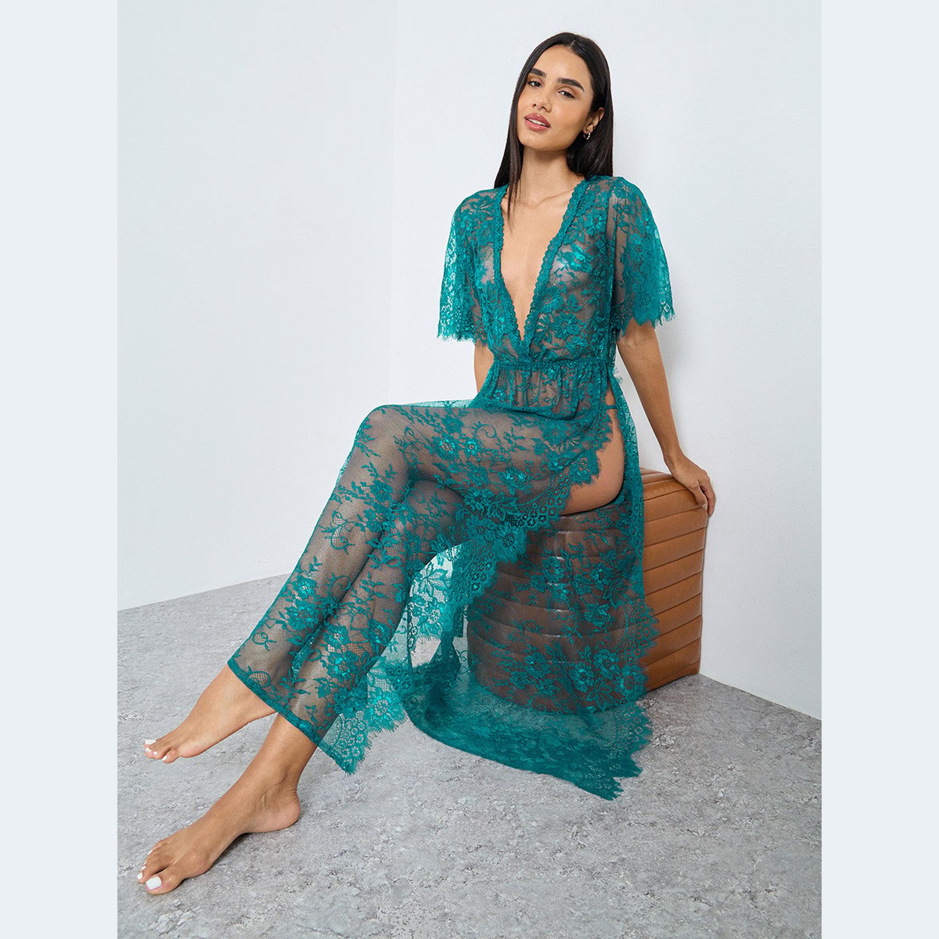 Styli Floral Pattern Lace Maxi Slip Dress with Thigh High Slit and Brief-women-clothing-lingerie-babydollsandbodysuits-image-2