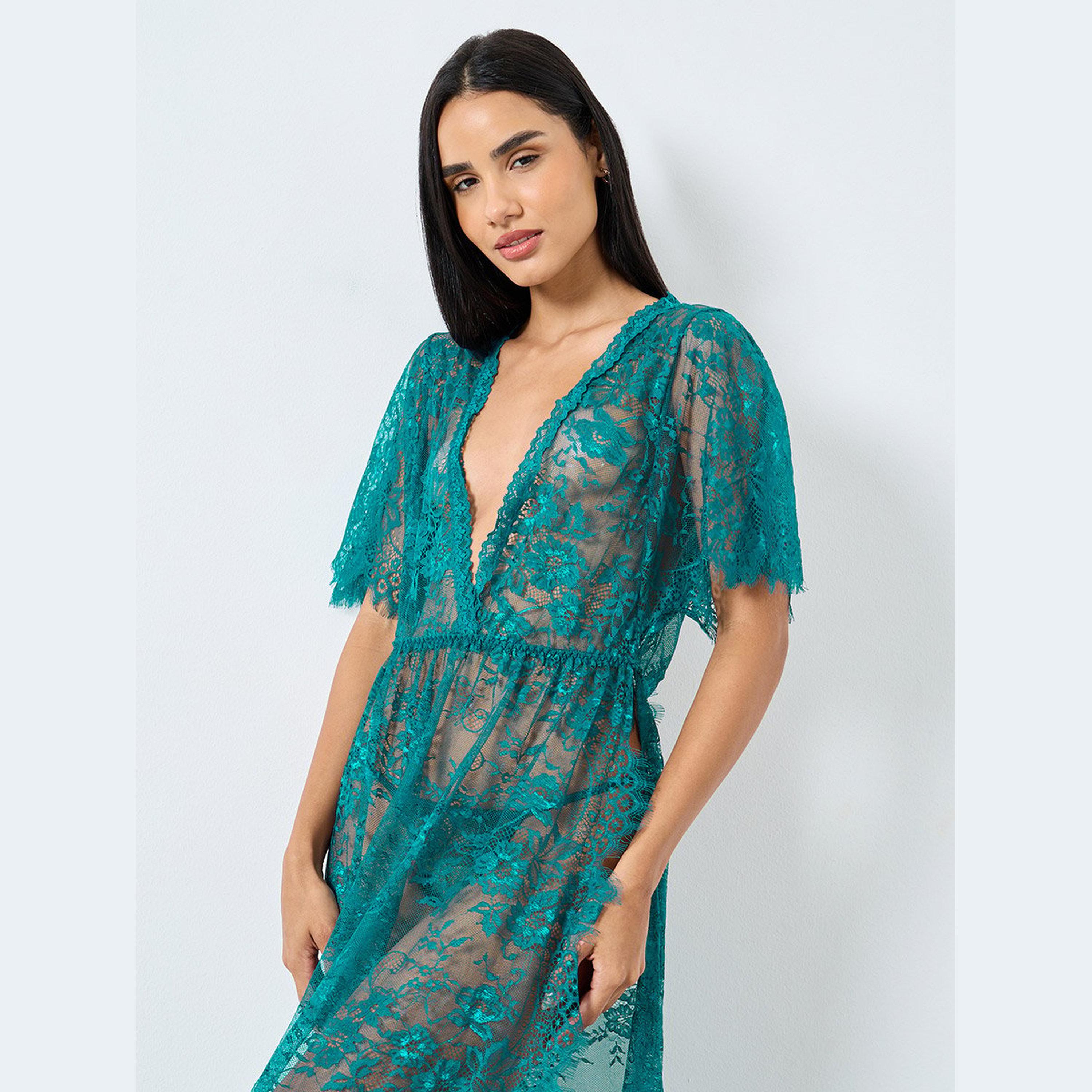 Styli Floral Pattern Lace Maxi Slip Dress with Thigh High Slit and Brief-women-clothing-lingerie-babydollsandbodysuits-image-3