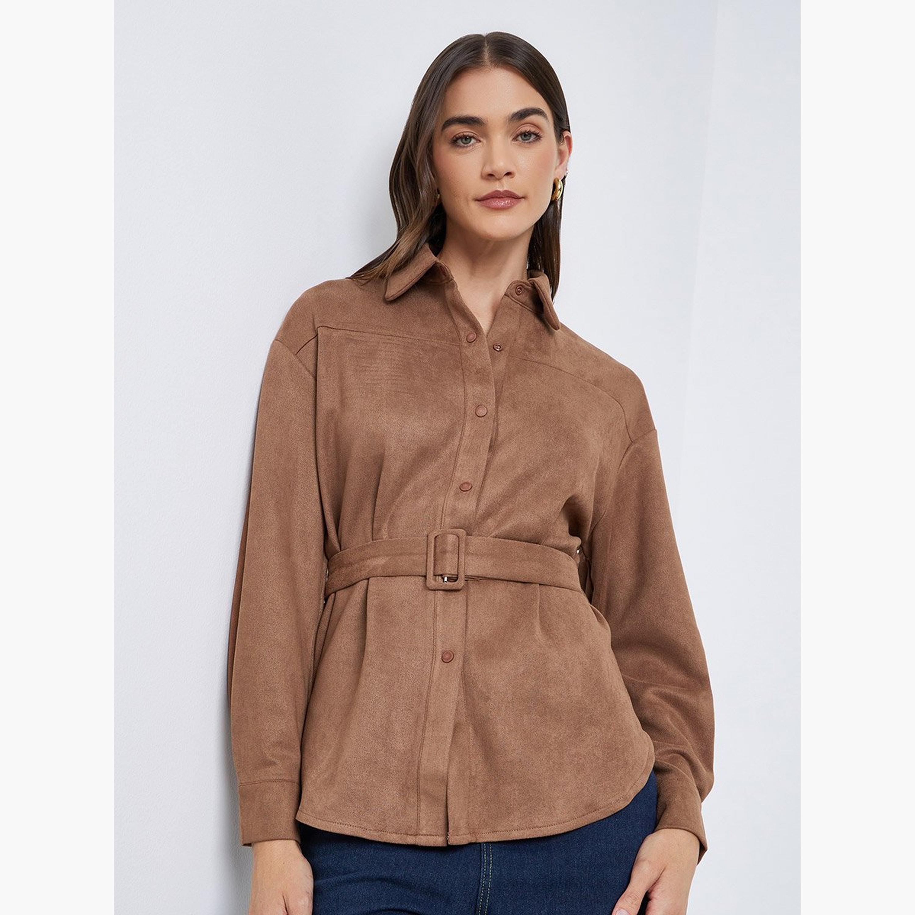 Styli Brown Suede Long Sleeve Shirt with Belt-women-clothing-shirtsandblouses-shirts-image-1