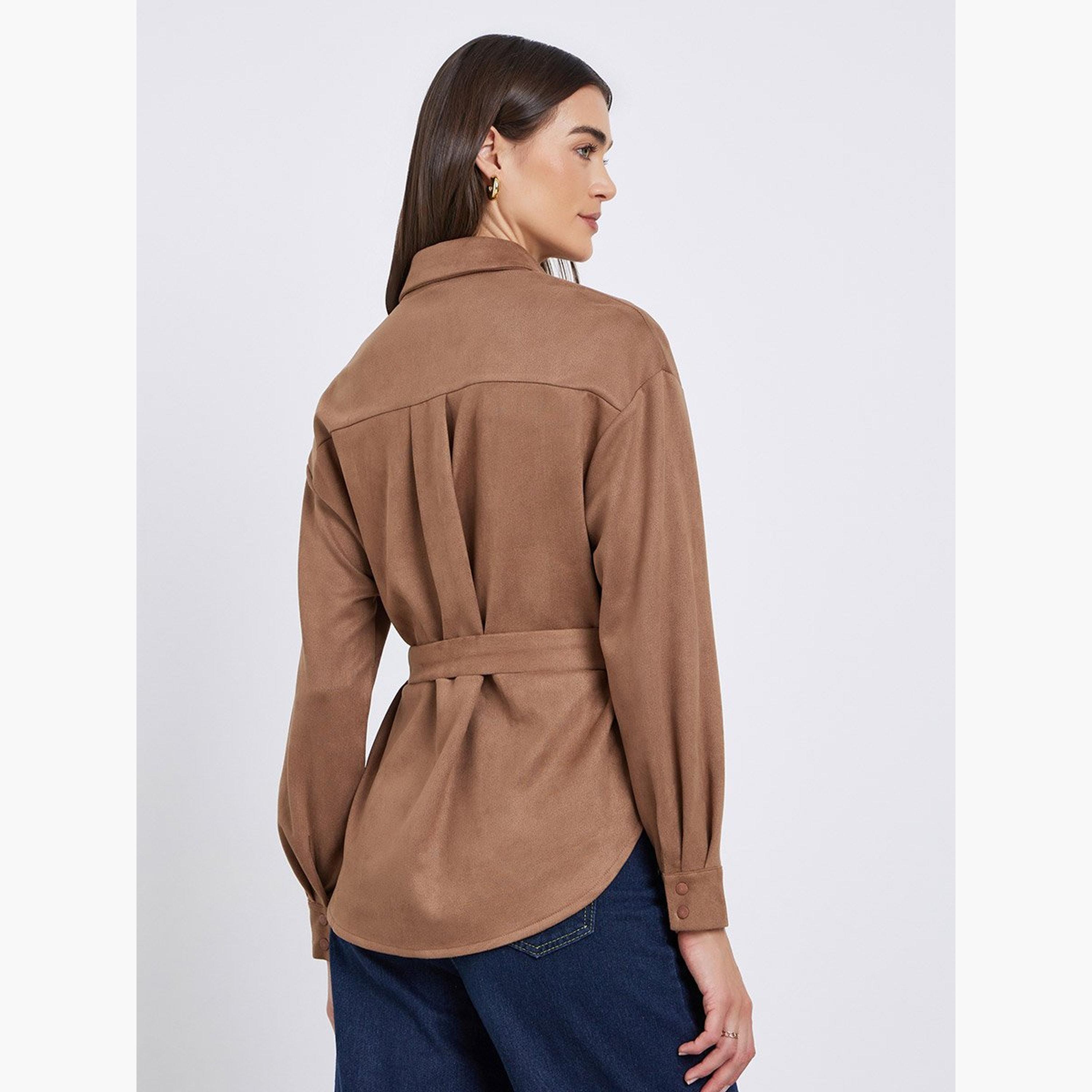 ستايلي - قميص من جلد سويد مدبوغ بني بأكمام طويلة وحزام-women-clothing-shirtsandblouses-shirts-image-4