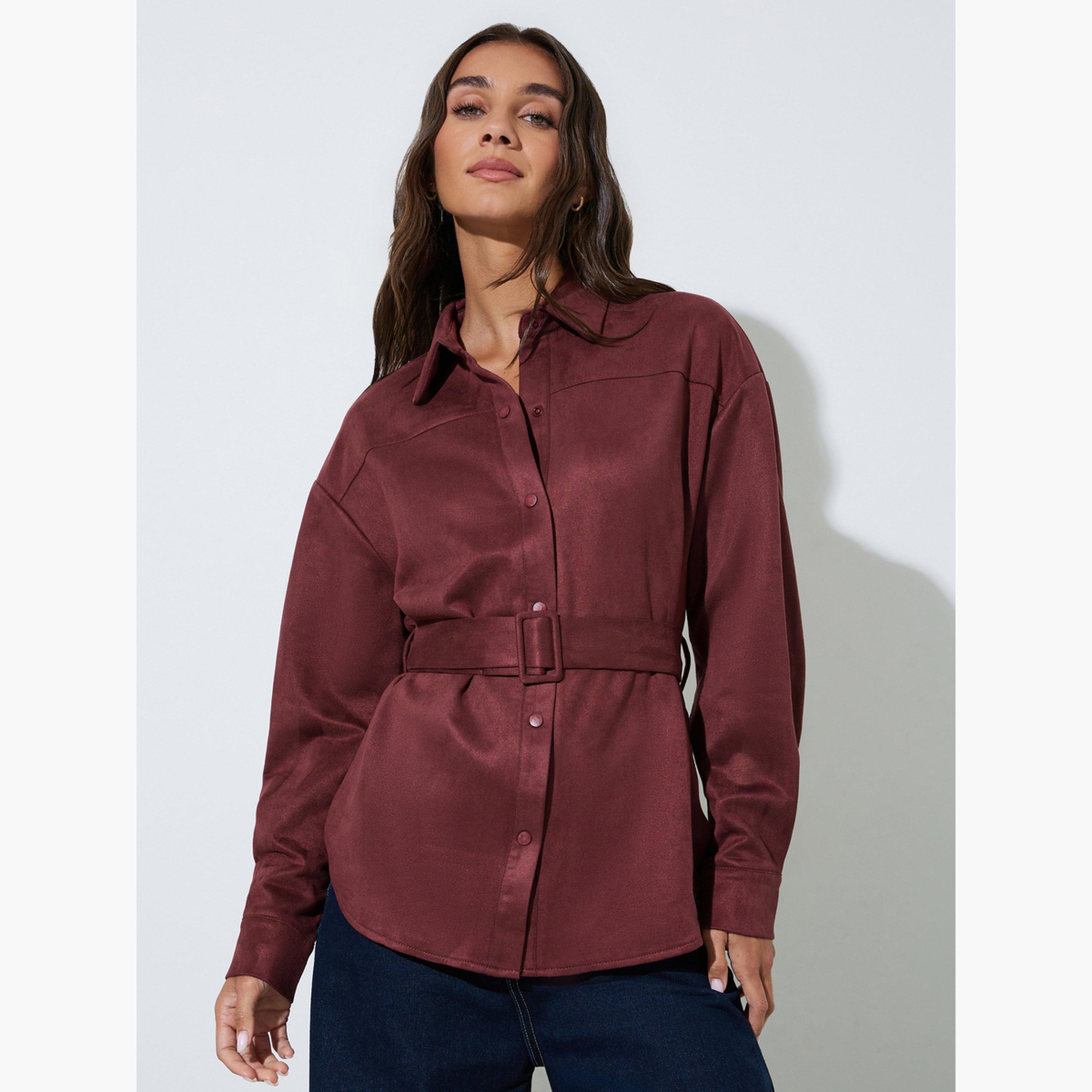 قميص بمظهر السويد وأكمام طويلة مع حزام لون برغندي-women-clothing-shirtsandblouses-shirts-image-1