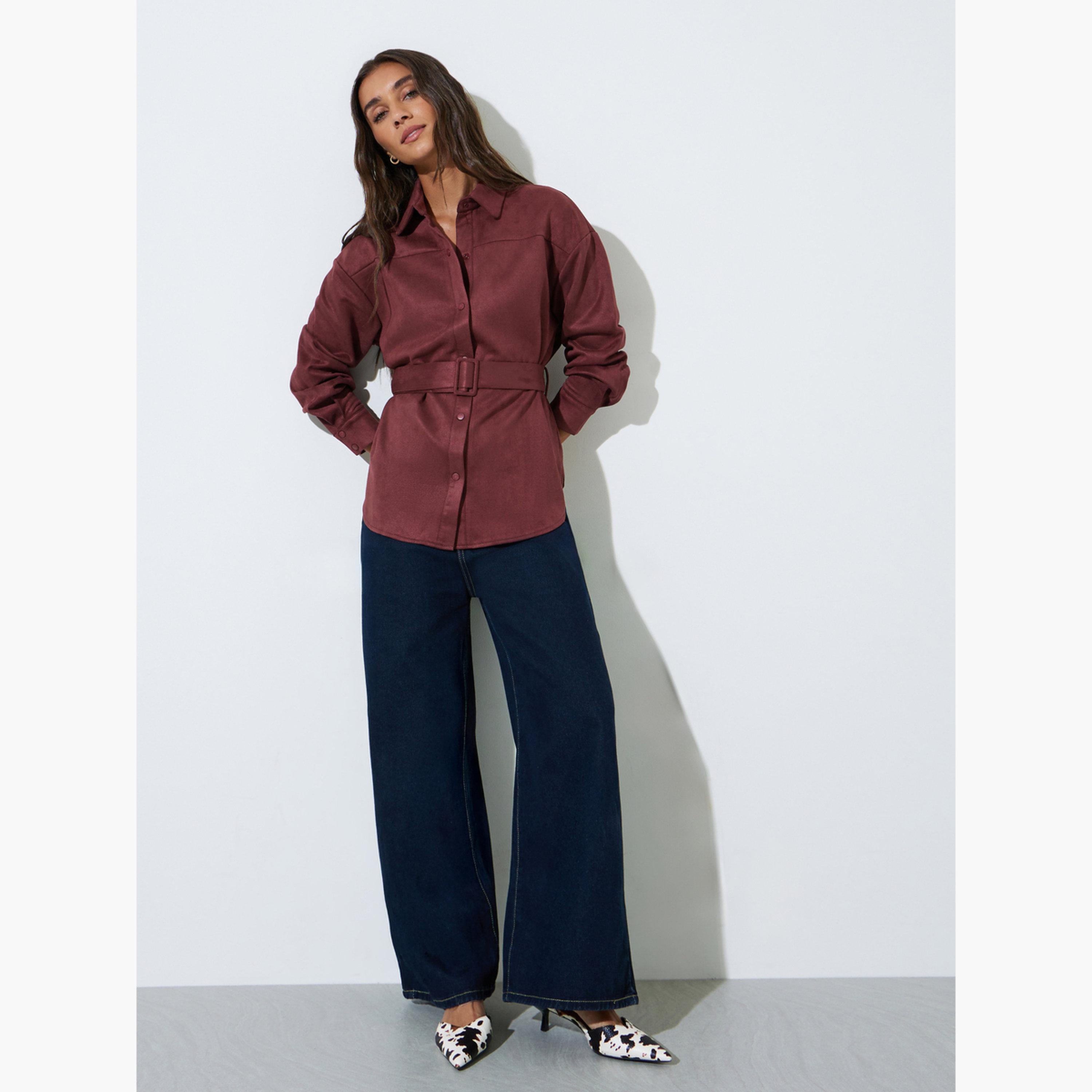 قميص بمظهر السويد وأكمام طويلة مع حزام لون برغندي-women-clothing-shirtsandblouses-shirts-image-2
