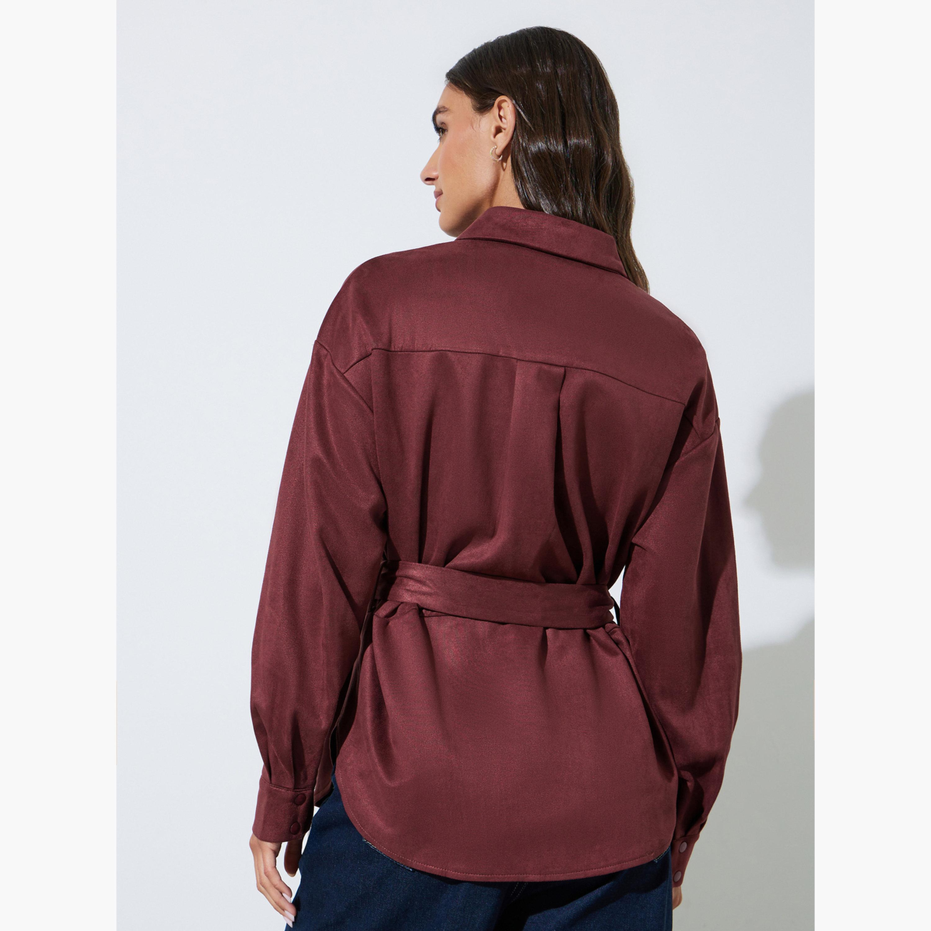 قميص بمظهر السويد وأكمام طويلة مع حزام لون برغندي-women-clothing-shirtsandblouses-shirts-image-3