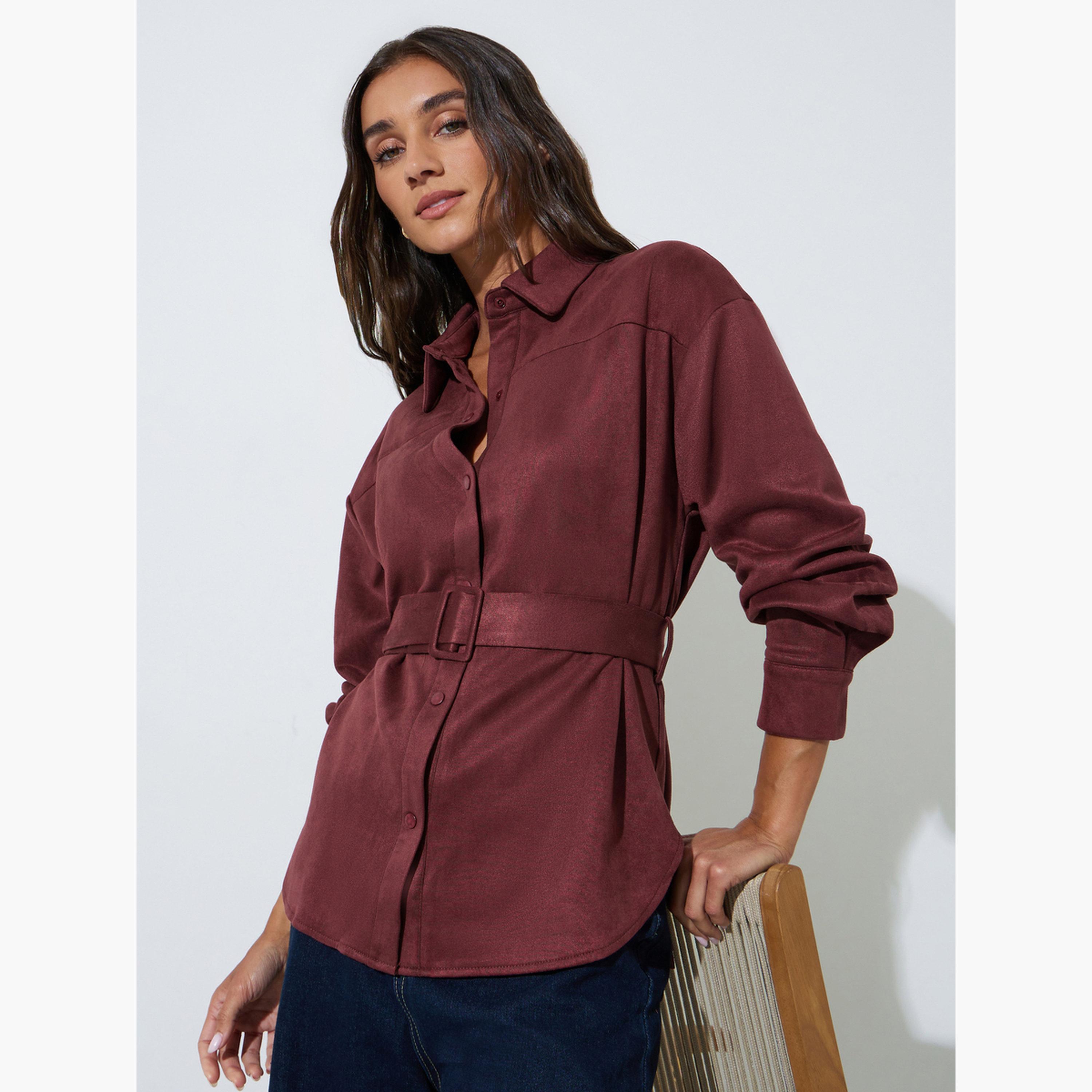 قميص بمظهر السويد وأكمام طويلة مع حزام لون برغندي-women-clothing-shirtsandblouses-shirts-image-4