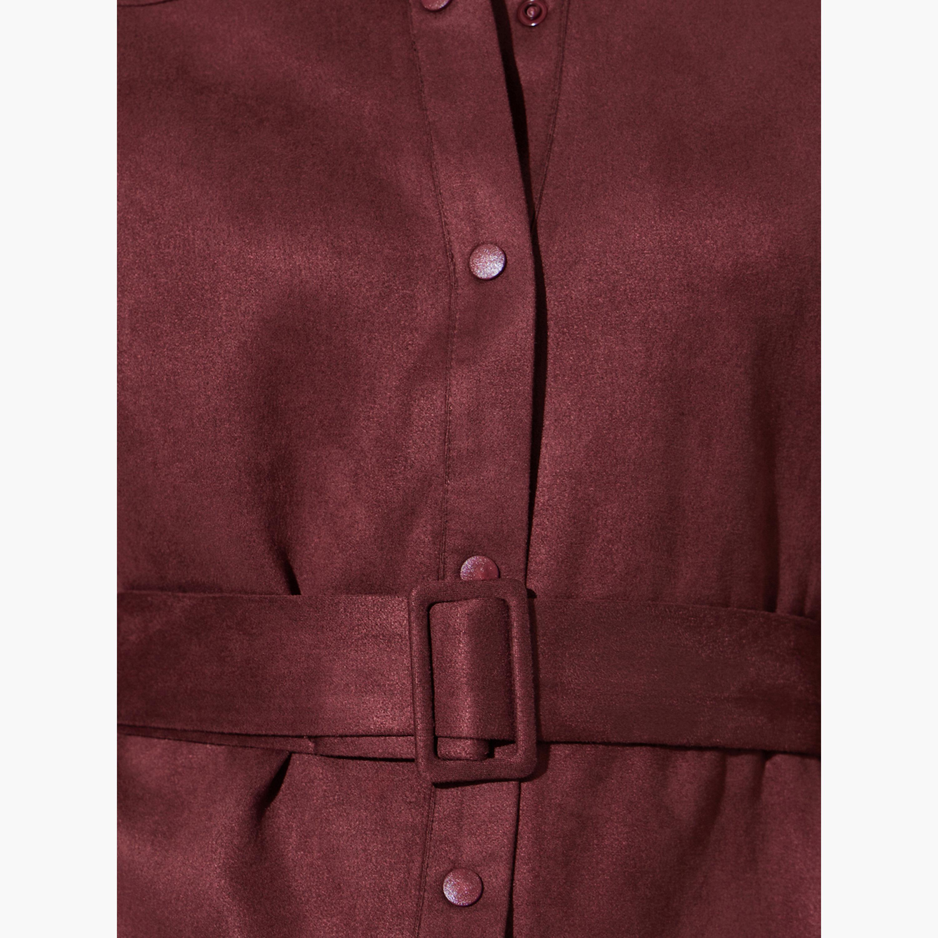 قميص بمظهر السويد وأكمام طويلة مع حزام لون برغندي-women-clothing-shirtsandblouses-shirts-image-5