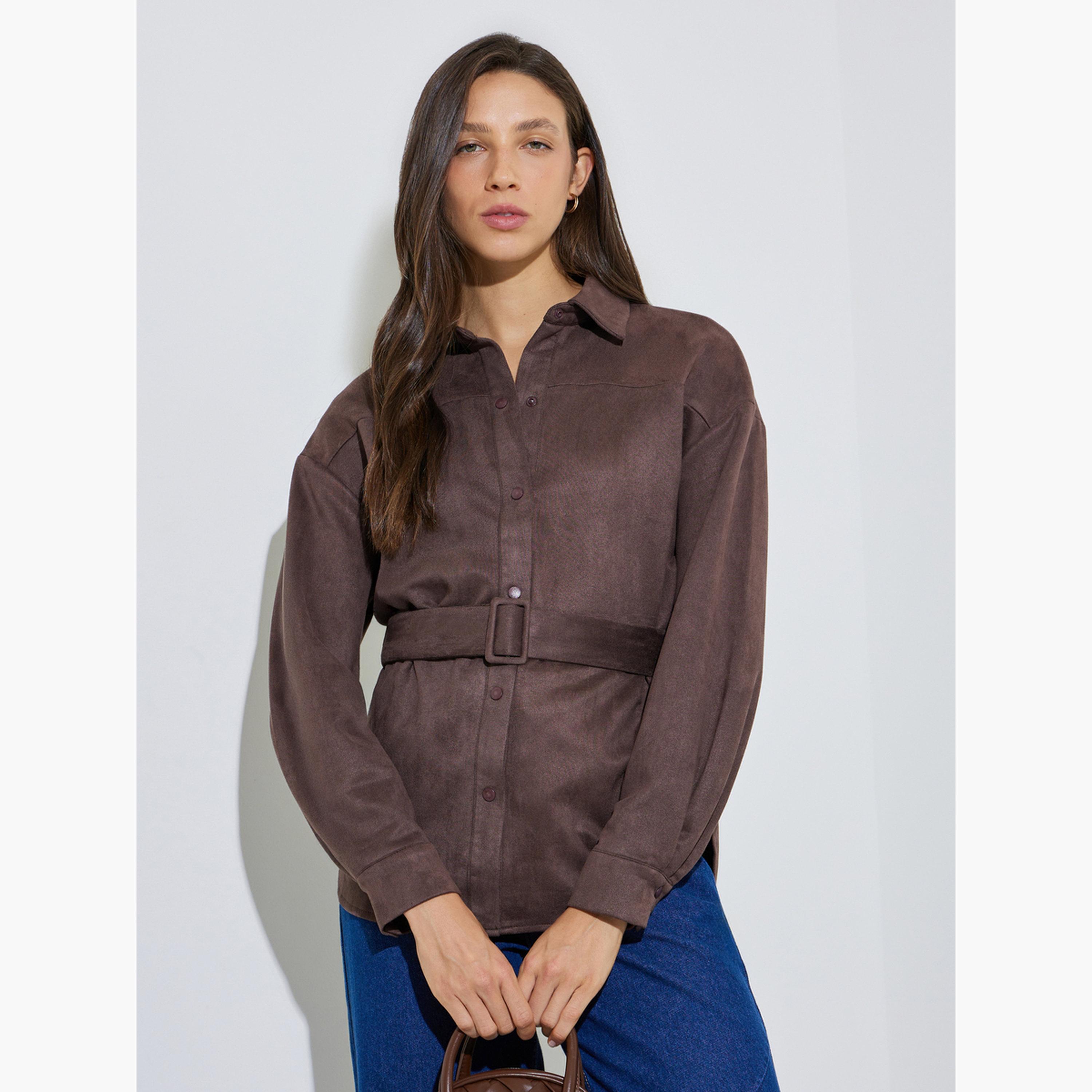 ستايلي - قميص بني قهوة ذو أكمام طويلة من جلد الغزال مع حزام-women-clothing-shirtsandblouses-shirts-image-1