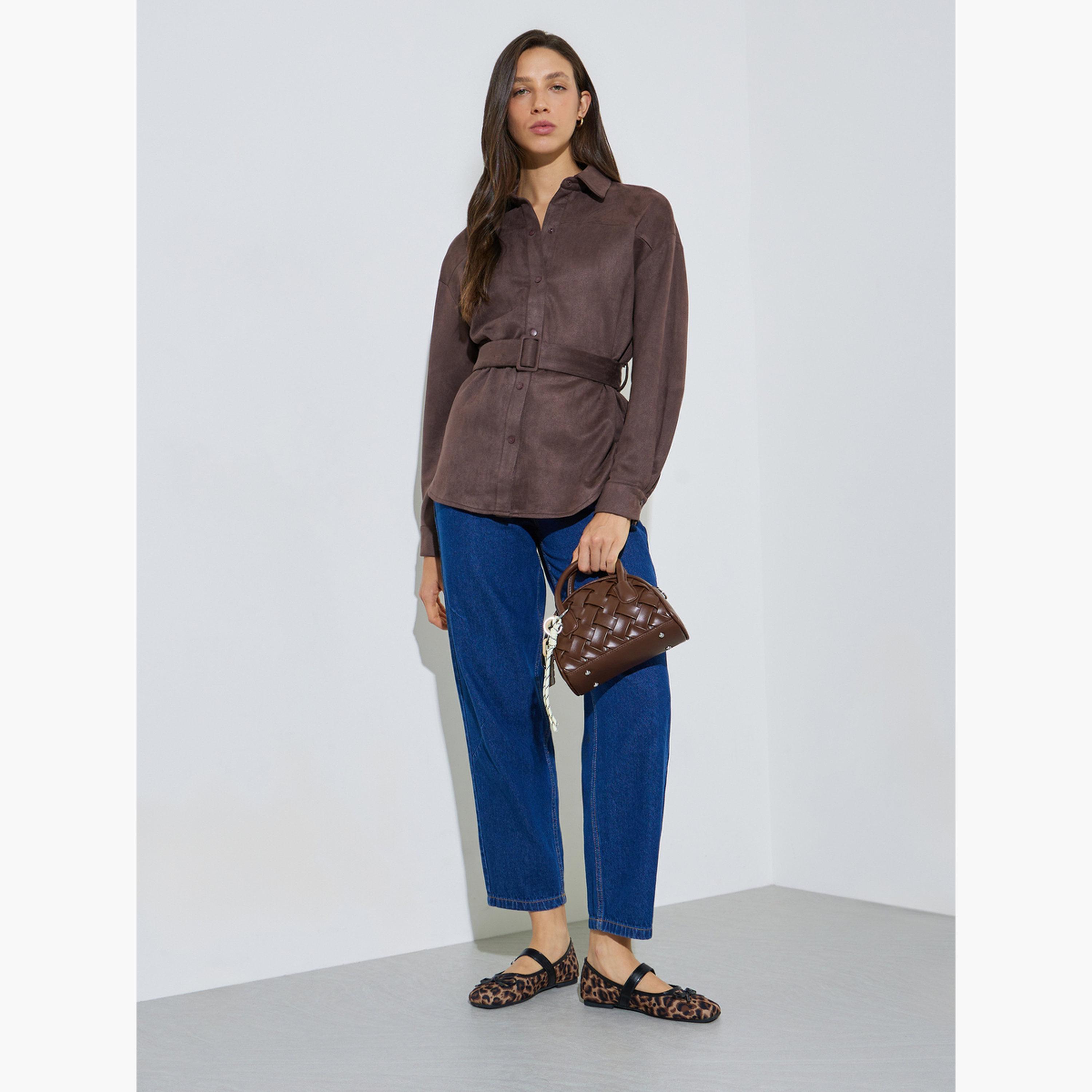 ستايلي - قميص بني قهوة ذو أكمام طويلة من جلد الغزال مع حزام-women-clothing-shirtsandblouses-shirts-image-2