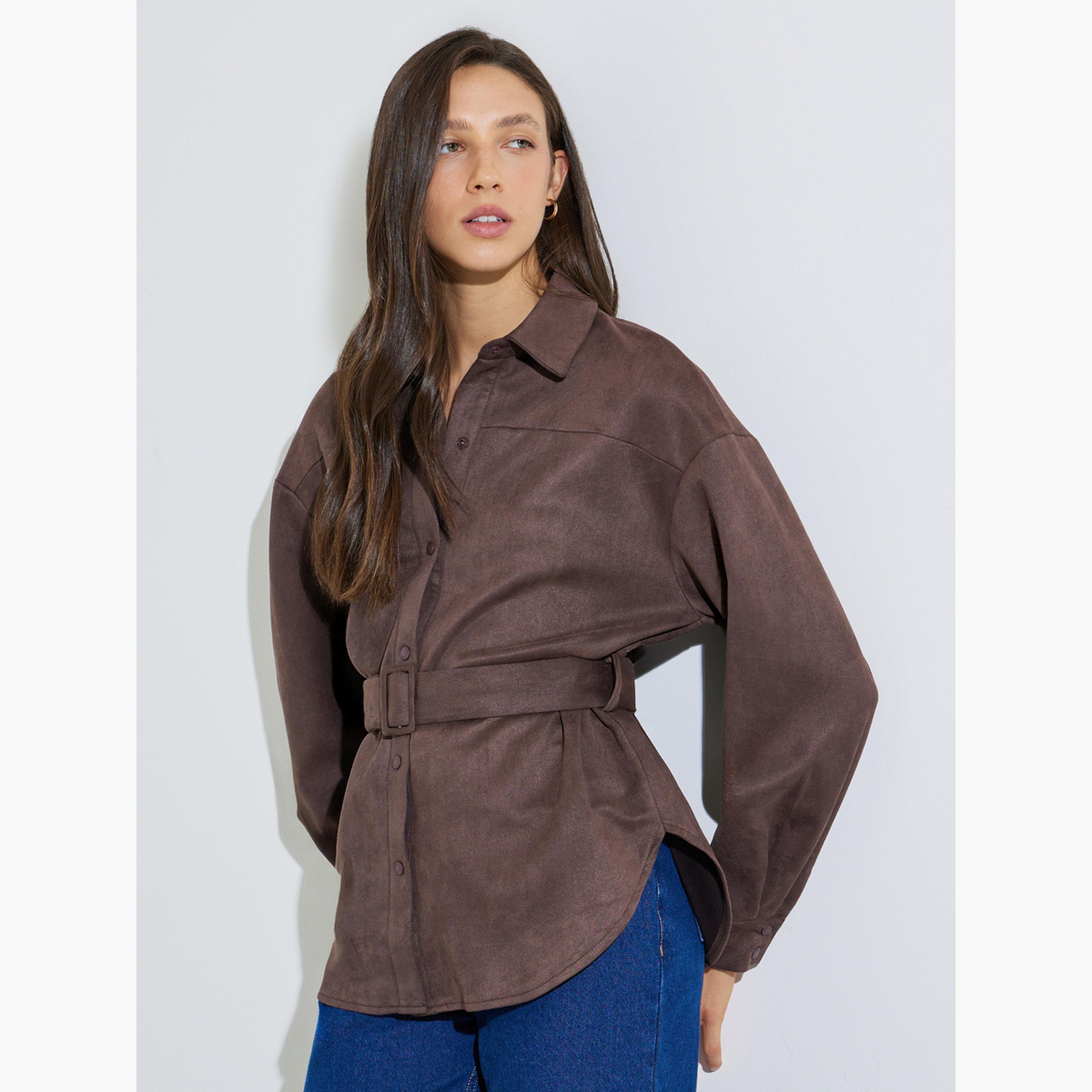ستايلي - قميص بني قهوة ذو أكمام طويلة من جلد الغزال مع حزام-women-clothing-shirtsandblouses-shirts-image-3