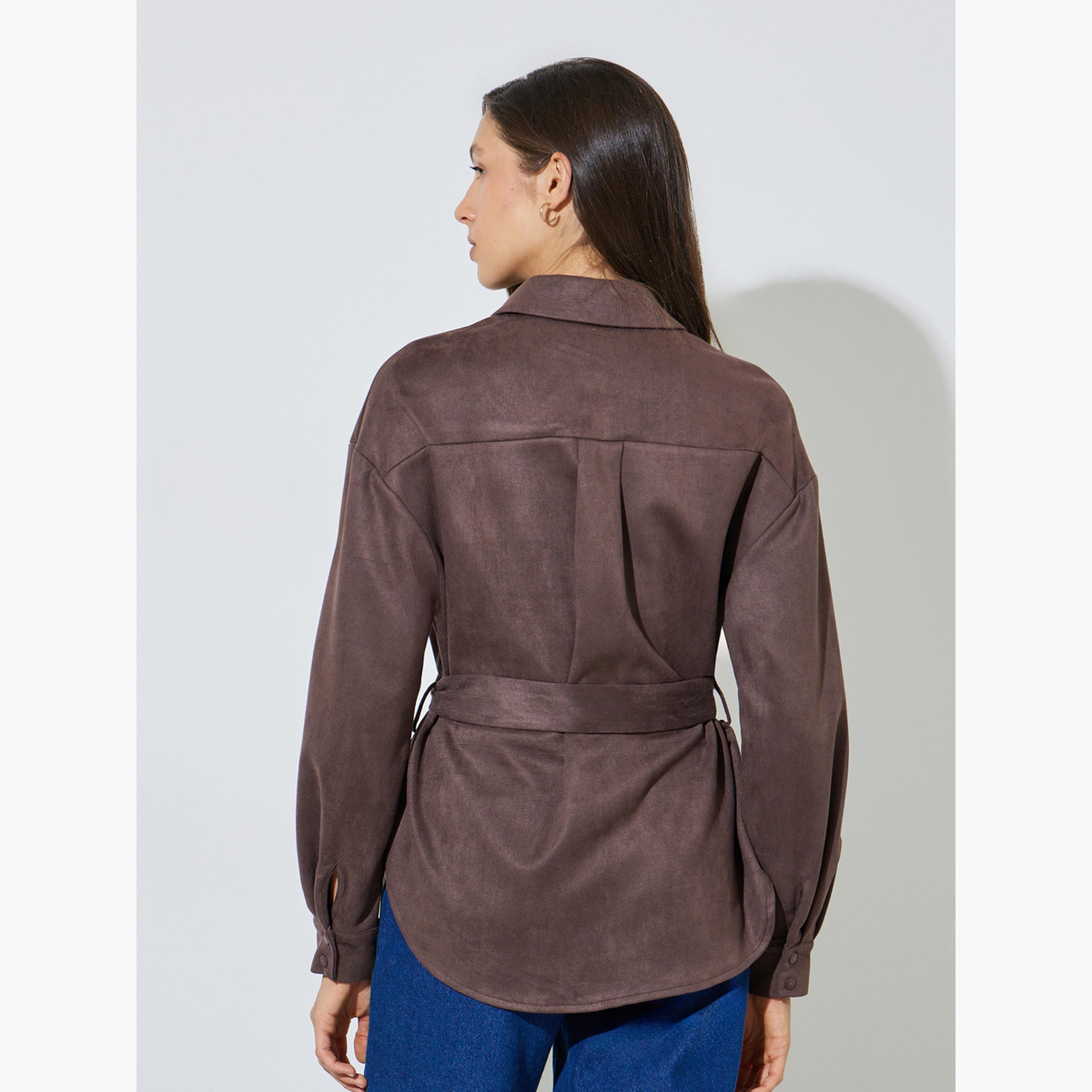 ستايلي - قميص بني قهوة ذو أكمام طويلة من جلد الغزال مع حزام-women-clothing-shirtsandblouses-shirts-image-4