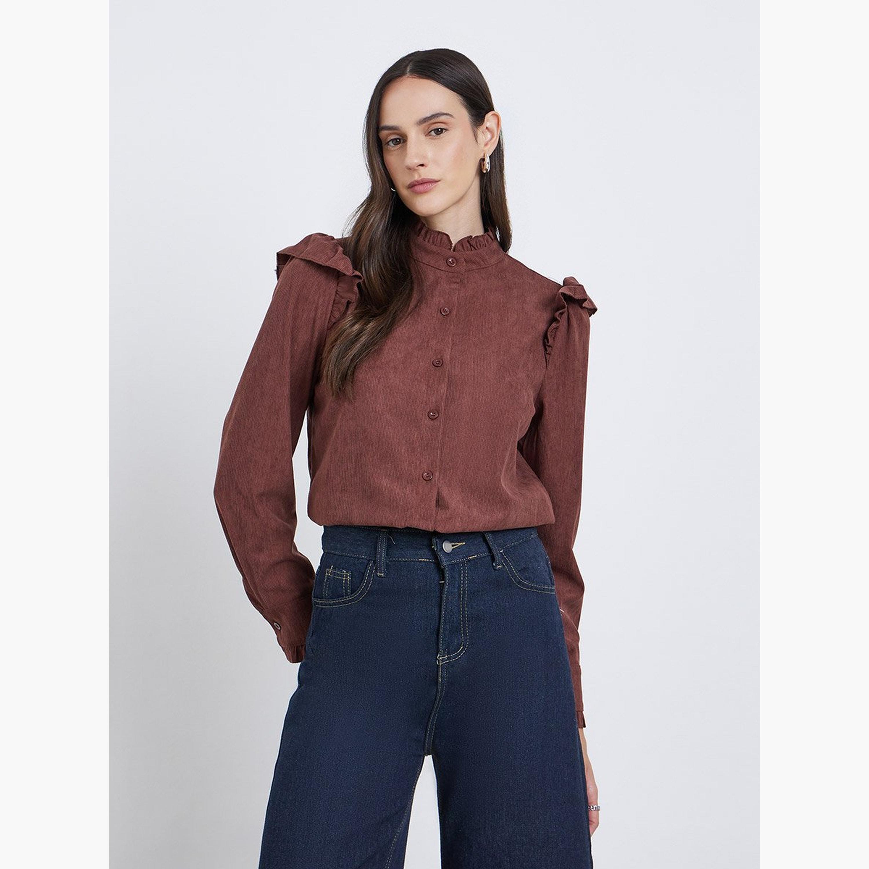 ستايلي - قميص قصّة مريحة منقوش بأزرار مع تفاصيل كشكشة-women-clothing-shirtsandblouses-shirts-image-1