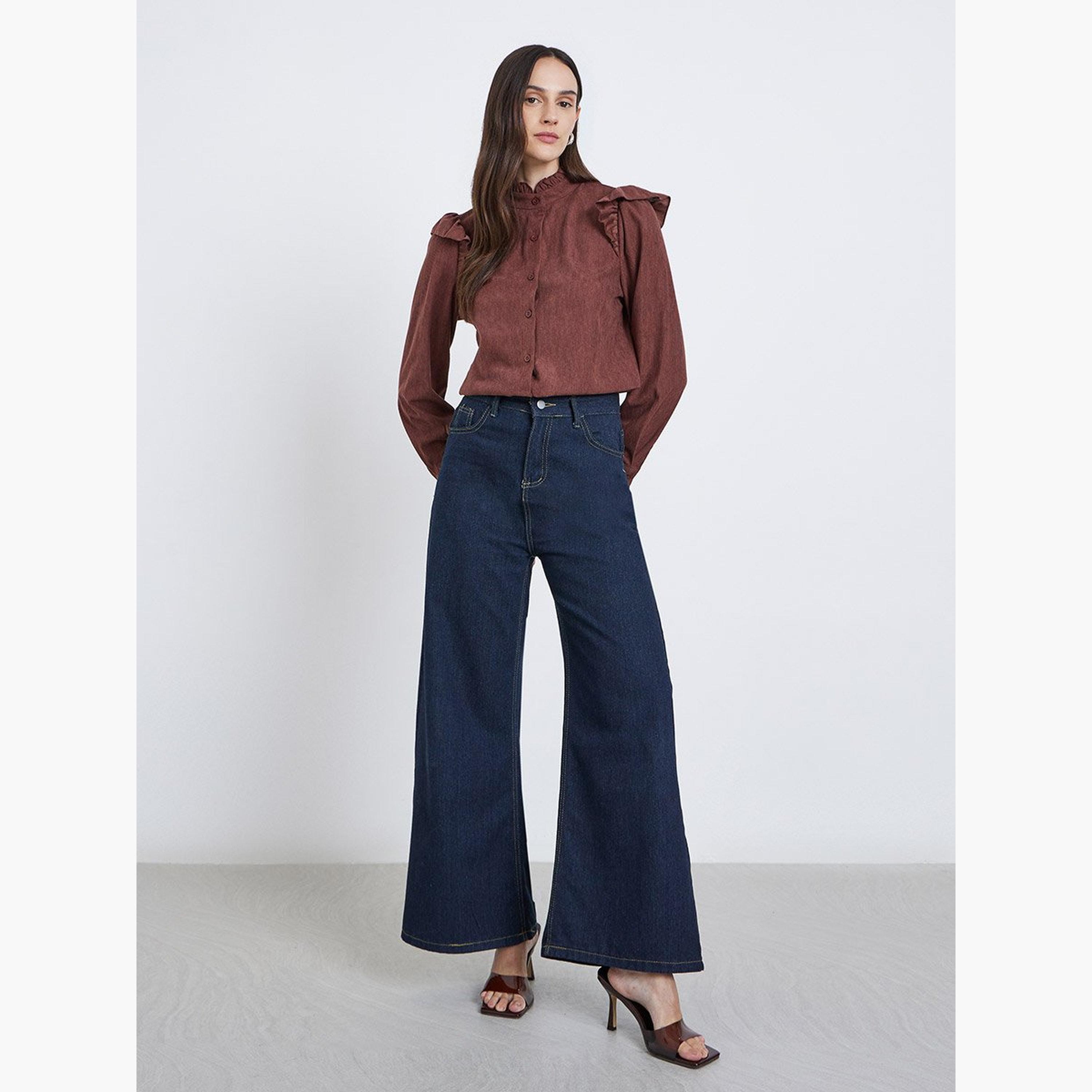 ستايلي - قميص قصّة مريحة منقوش بأزرار مع تفاصيل كشكشة-women-clothing-shirtsandblouses-shirts-image-2