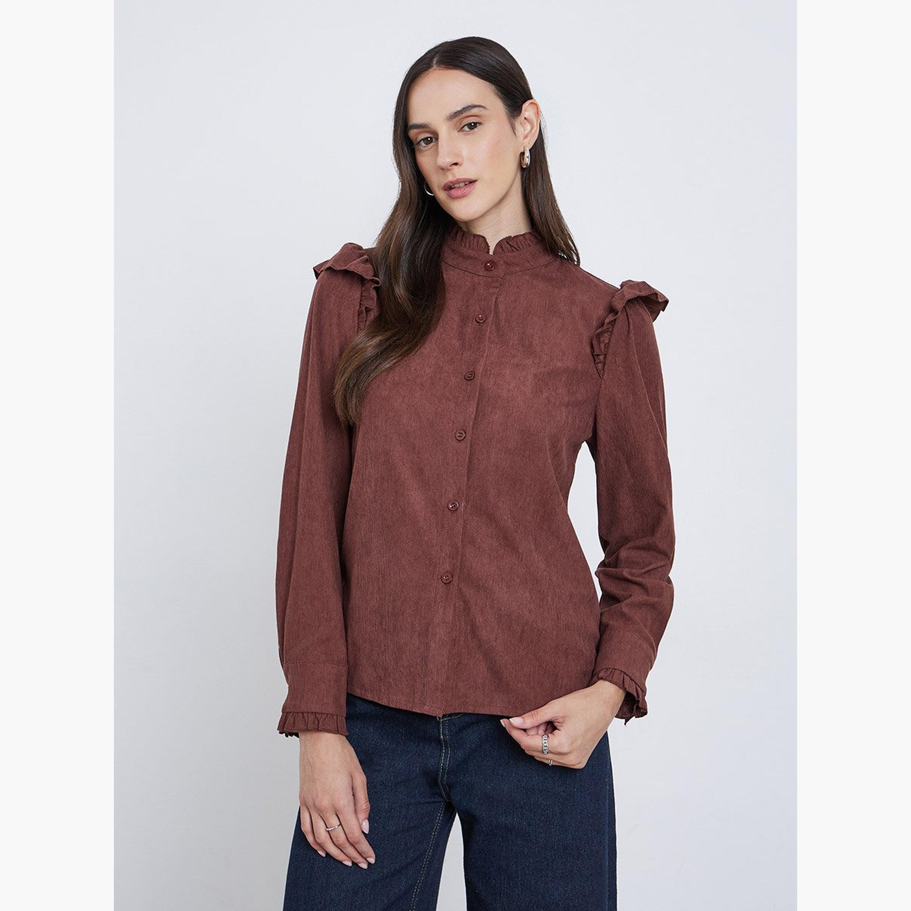 ستايلي - قميص قصّة مريحة منقوش بأزرار مع تفاصيل كشكشة-women-clothing-shirtsandblouses-shirts-image-3