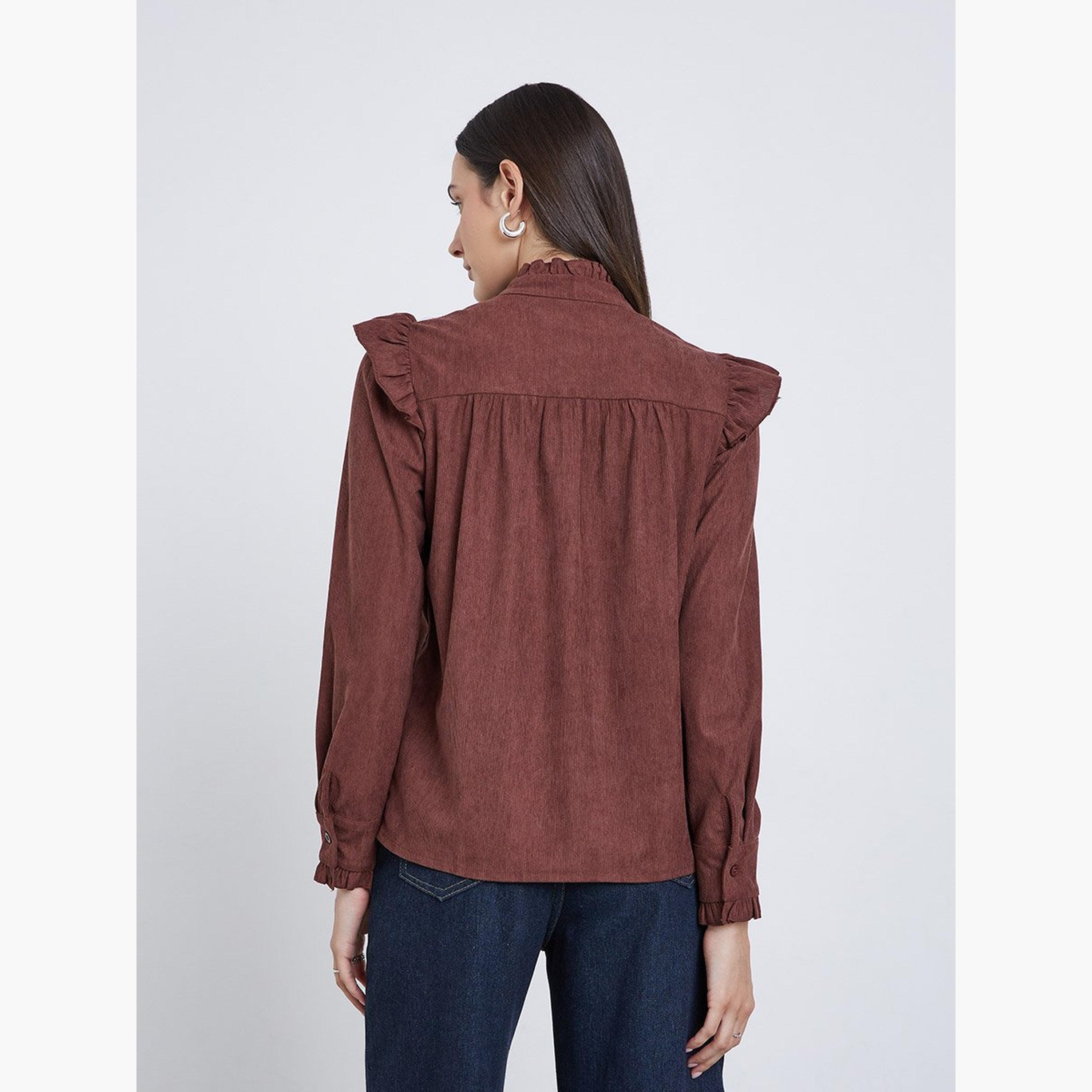 ستايلي - قميص قصّة مريحة منقوش بأزرار مع تفاصيل كشكشة-women-clothing-shirtsandblouses-shirts-image-5