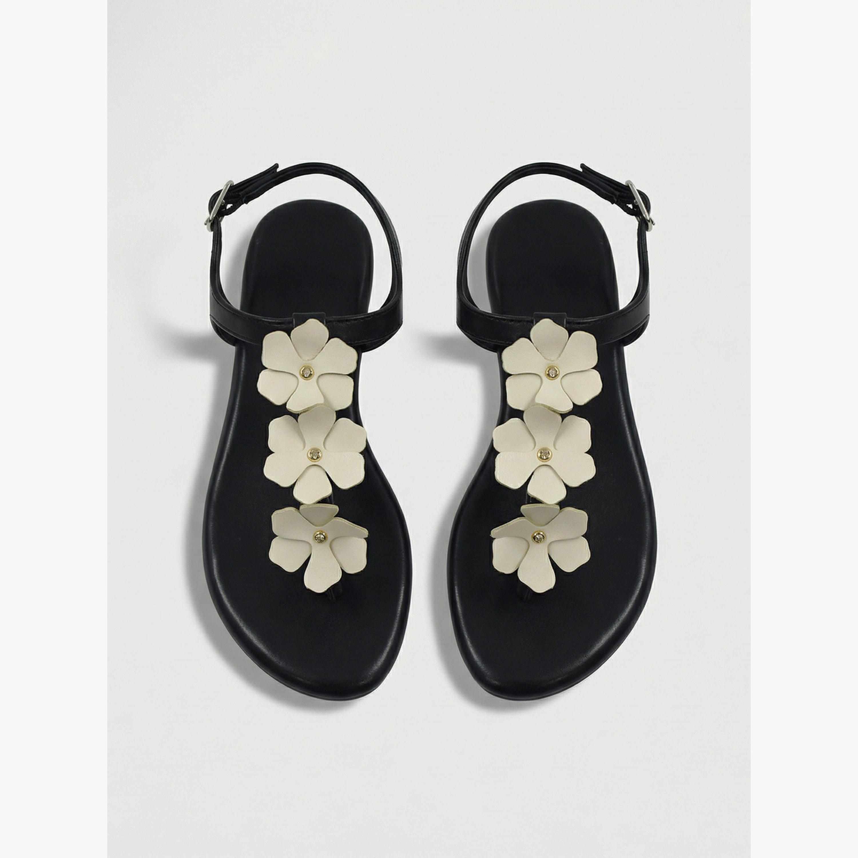 Styli Black Floral Applique Flat Sandals-women-shoes-sandals-flats-image-4